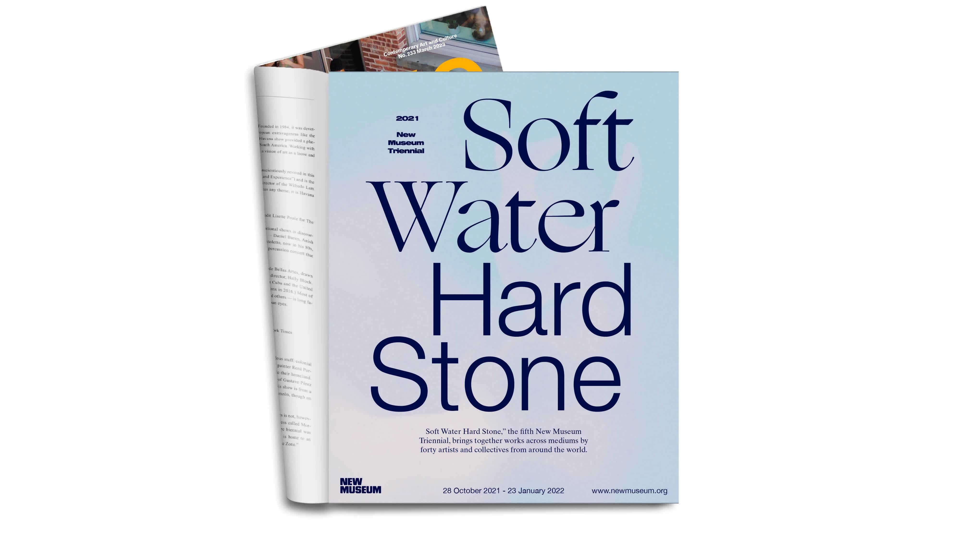 Magazine ad that features dark blue text over a light pink and light blue cotton candy background.