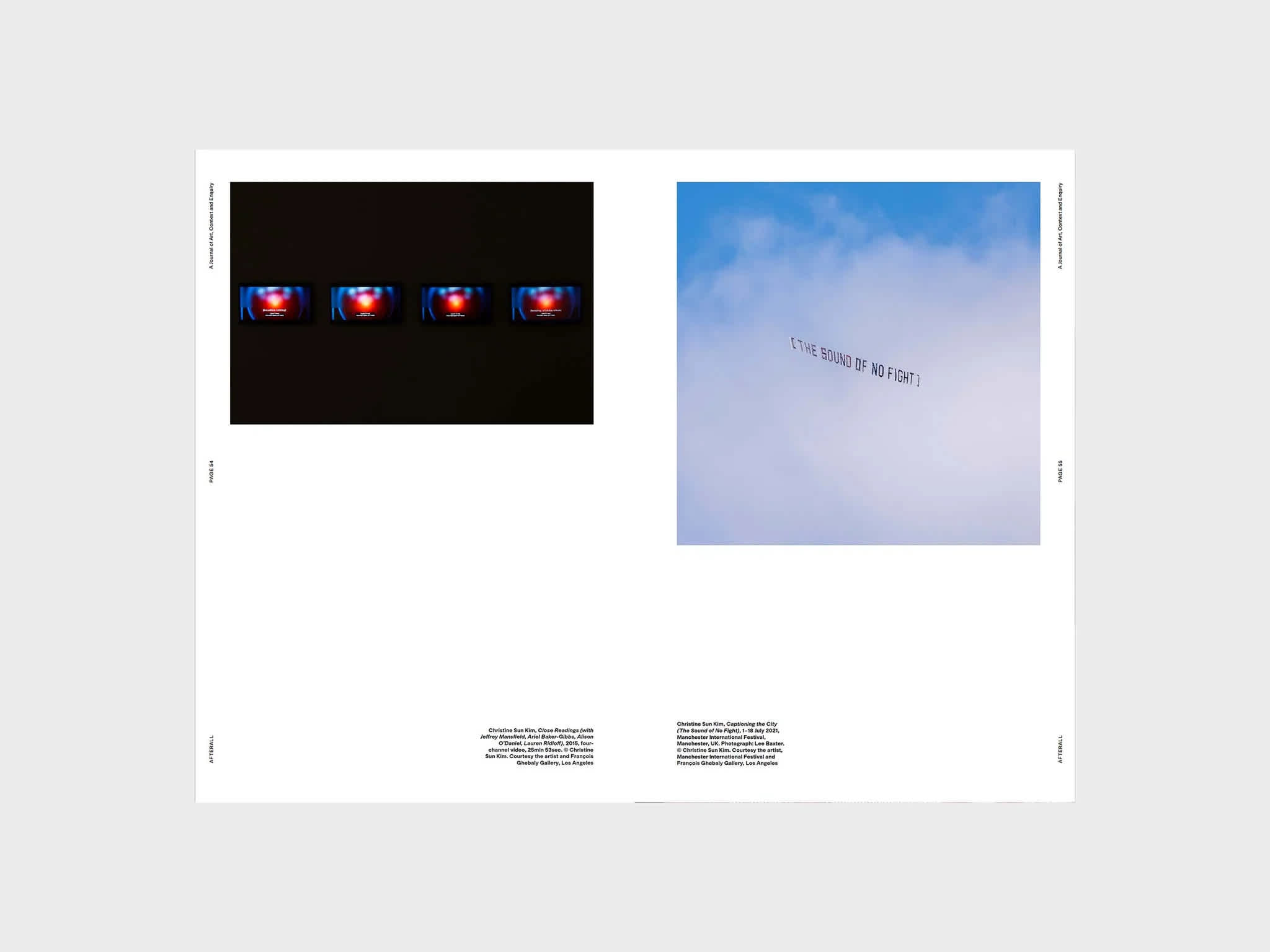 Magazine interior with an image of both the left and right pages. The top third of the left page features a mostly black image with four red and blue screens floating along the center-horizontal line. The right page has a square photo of the sky aligned to the top.