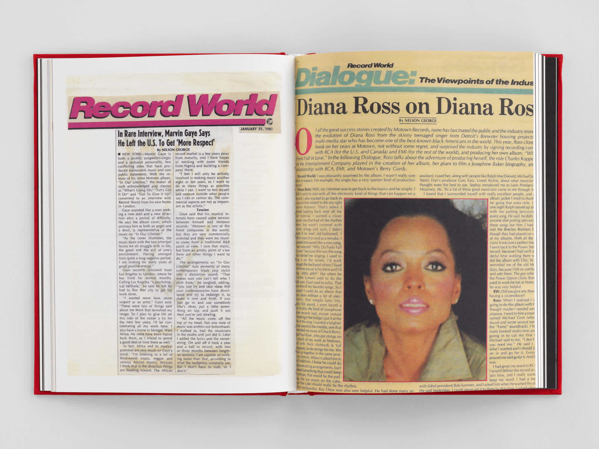 Open book with left and right pages showing newspaper clippings. The left page shows an article from "Record World". The right page has an yellowed, news clipping about Diana Ross. Her picture is featured prominently in the bottom center. 