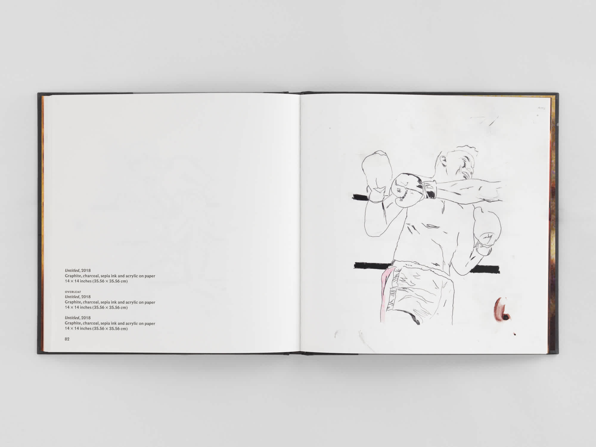 Open book with a sketch of a boxer on the right page and artwork information on the left.