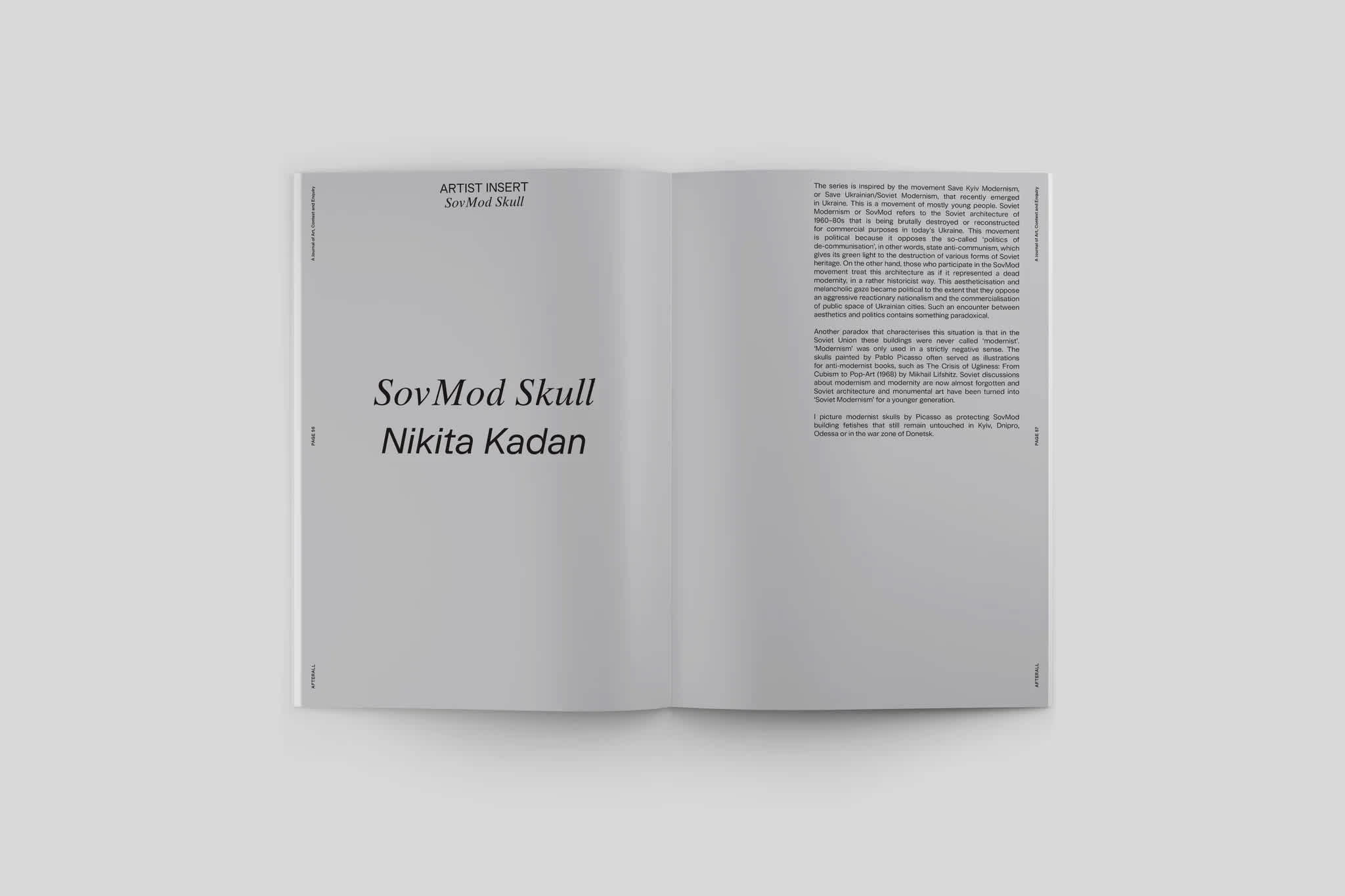 Open magazine. The essay title is centered on the left page. Essay text sits in the top right corner of the right page. 
