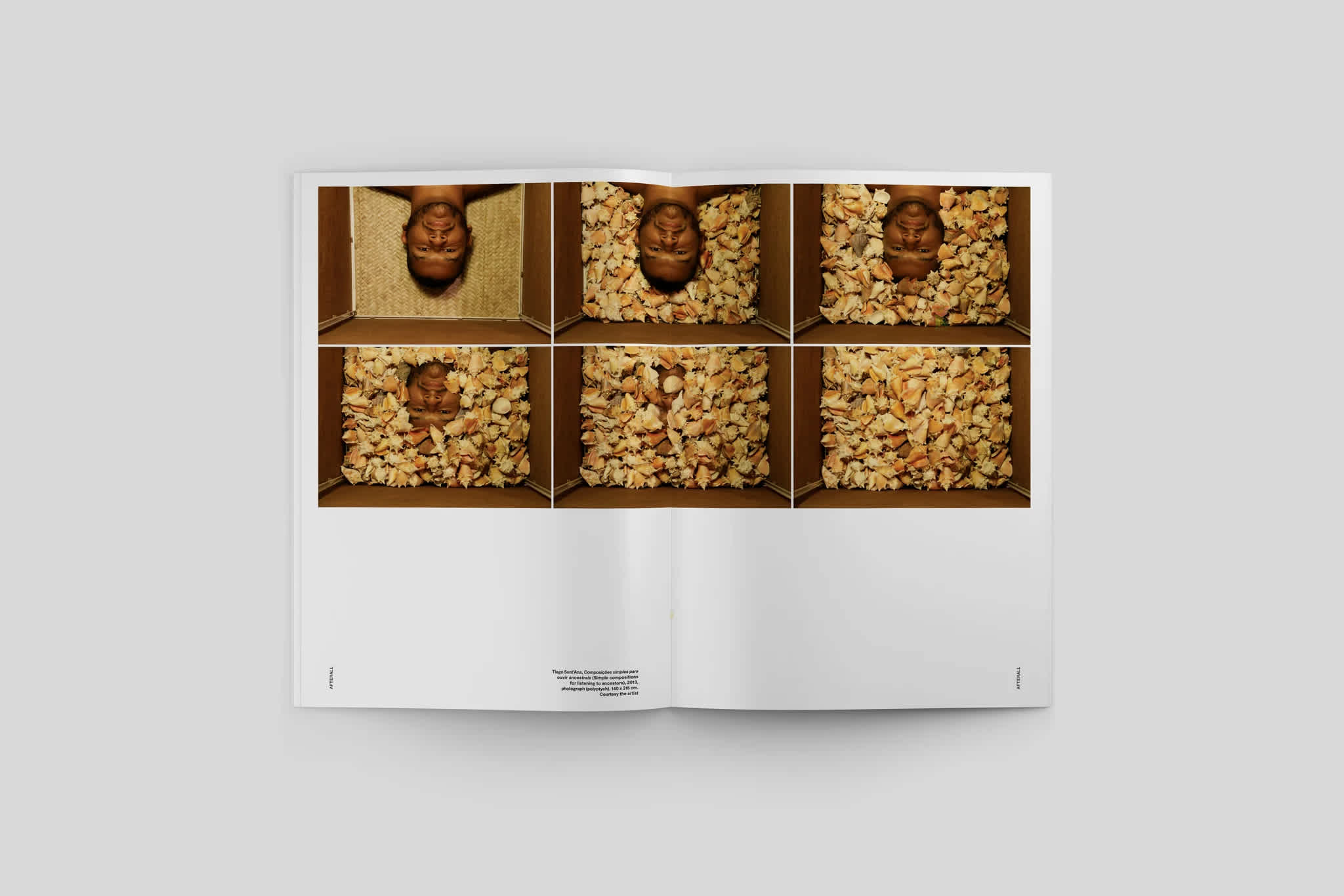 Magazine interior. Six square images fill the top half of both the left and right pages. The image credit is in the bottom right corner of the left page.