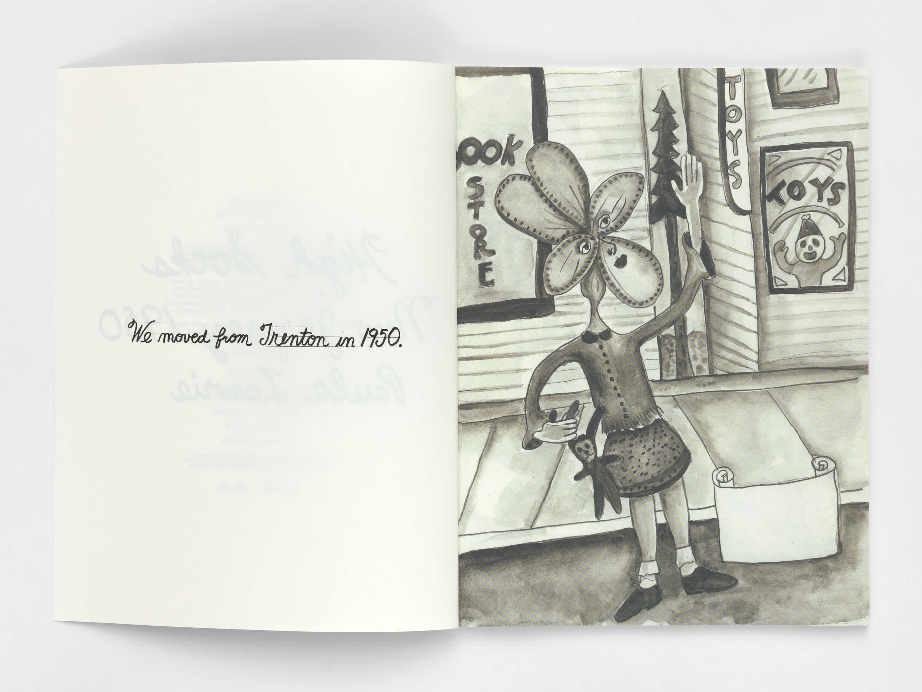 Open book with one line of handwritten script on the left page and an ink drawing of a child with a flower for a head standing in a toy store.
