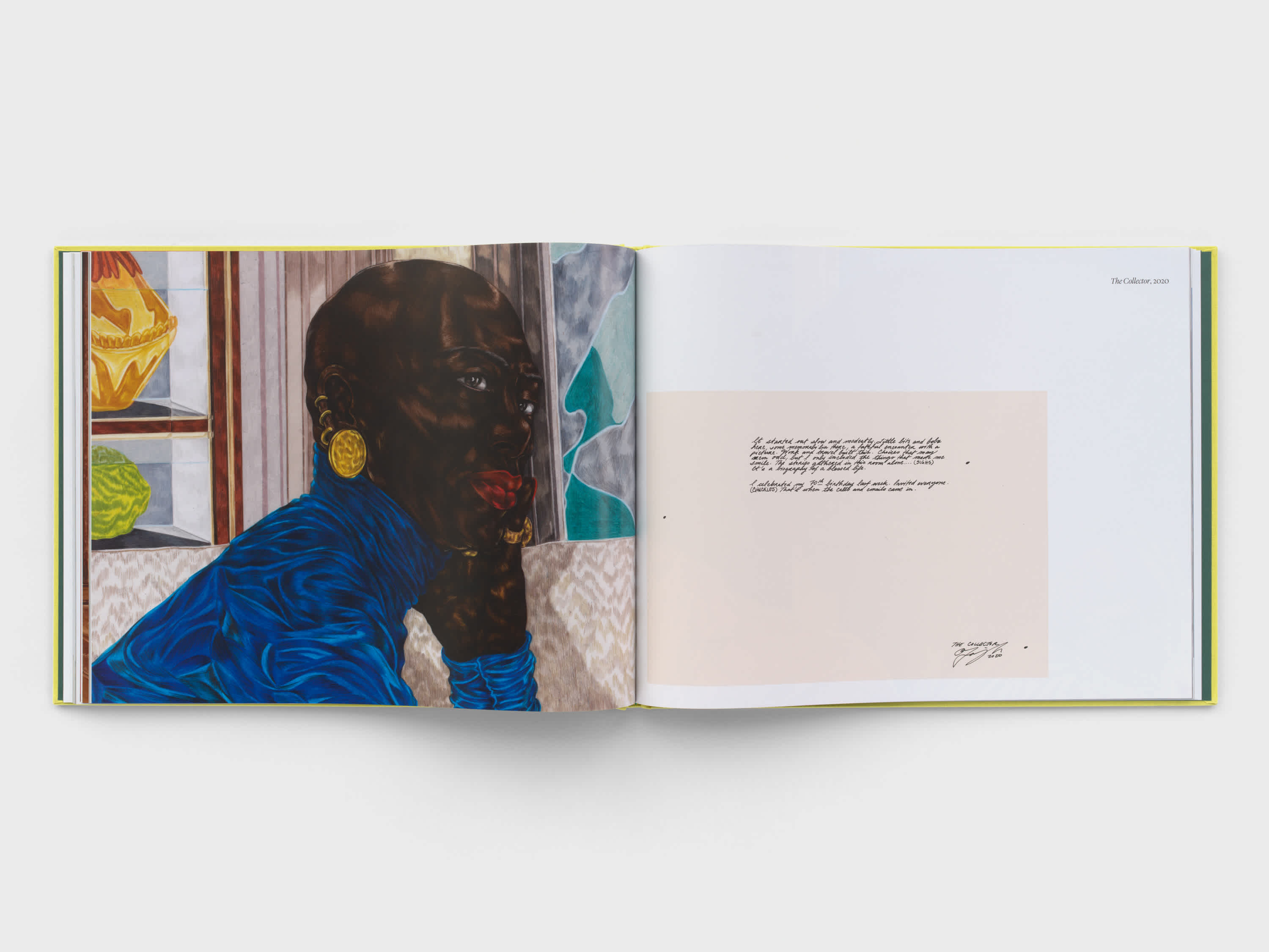 Two pages of an open book. The light green cover can be seen around the edges. A woman in a blue turtleneck and gold jewelry, rests her face on her palm. She sits in a colorful room. A note written in blush pink card stock sits in the bottom left corner of the opposite page.