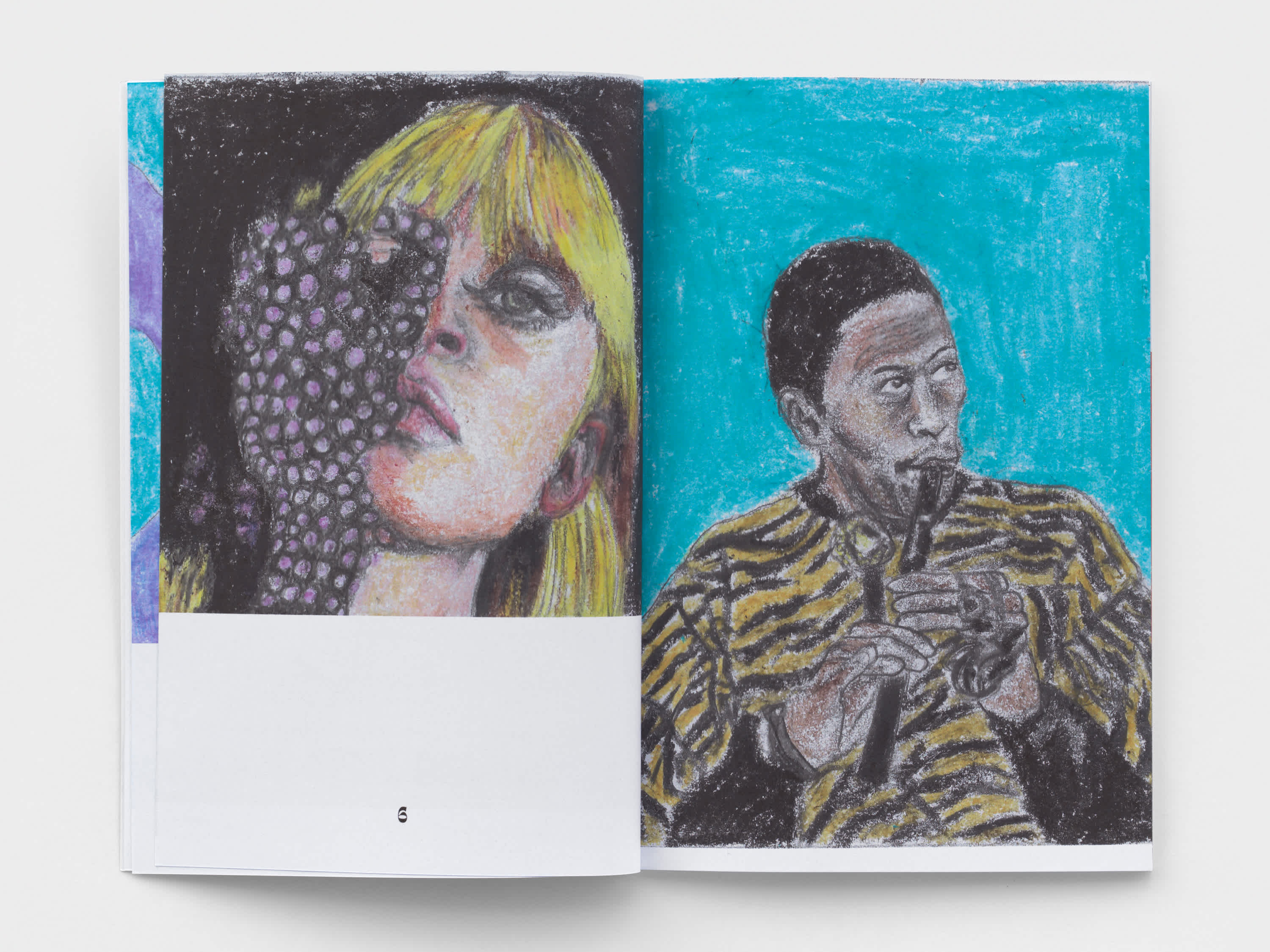 An open book with each page featuring a crayon drawing of a famous musician. 