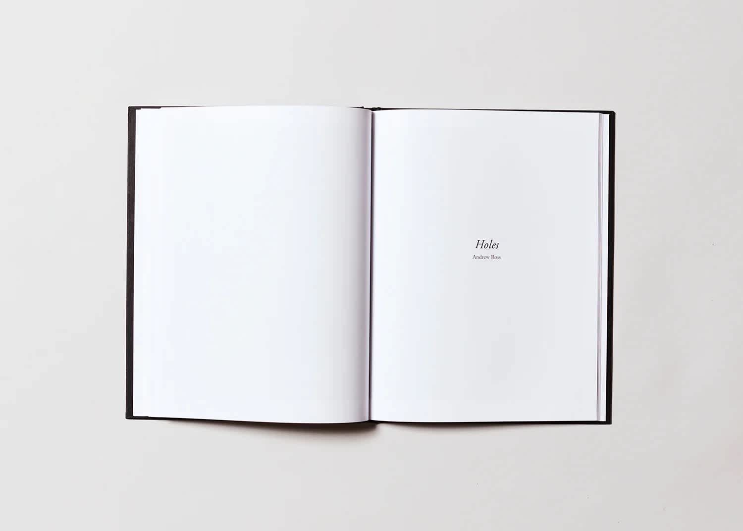 Open book with blank left page and two lines of text centered on the right page.