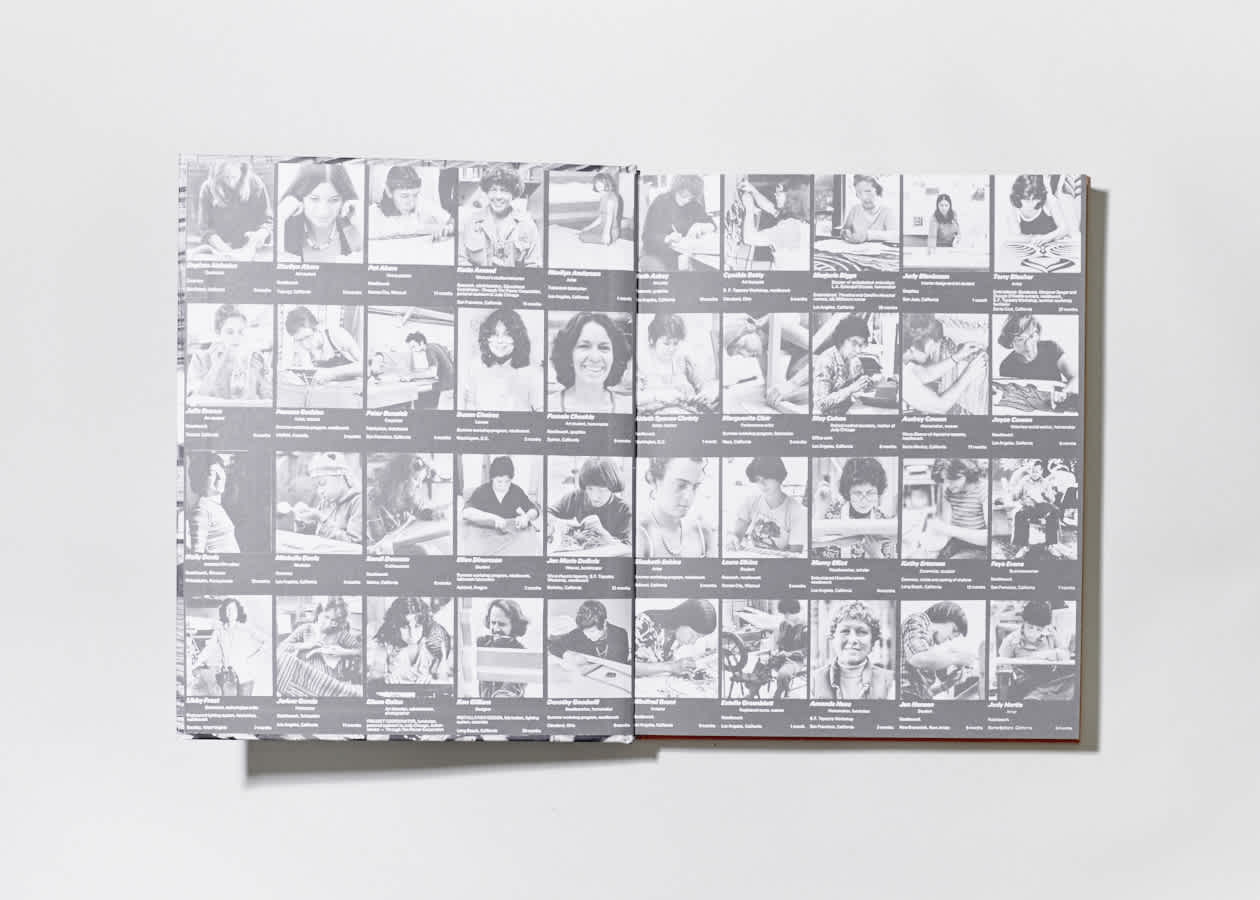 Book interior with black and white headshots of women running in rows across both pages.