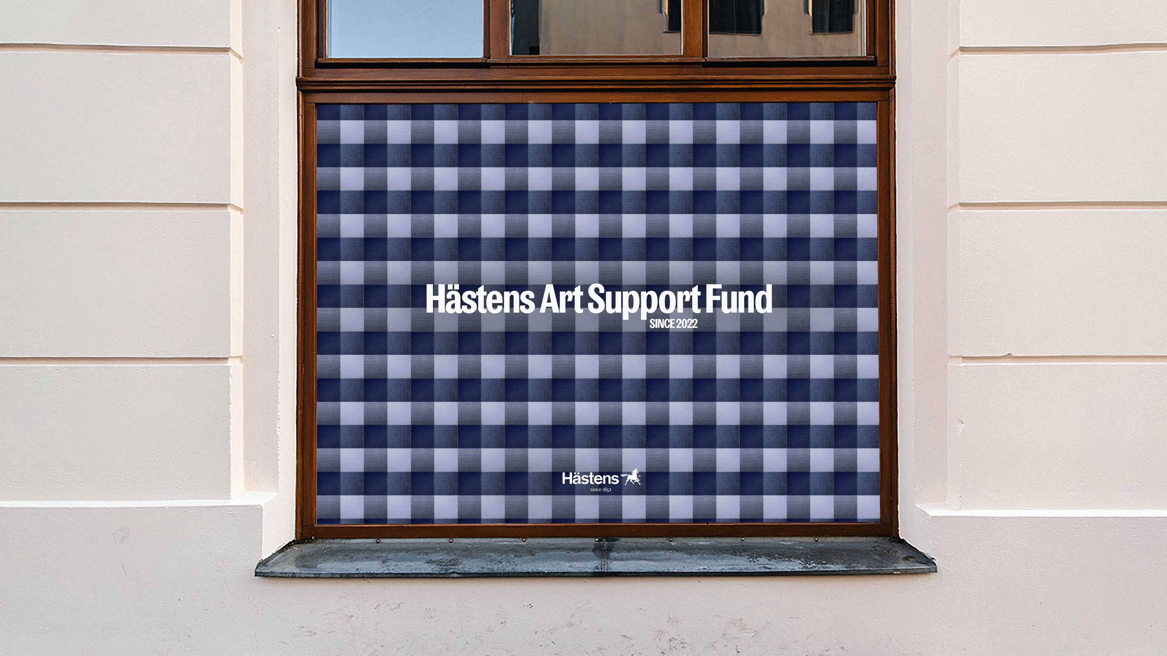 A window advertisement with a blue checked background and bold white text.