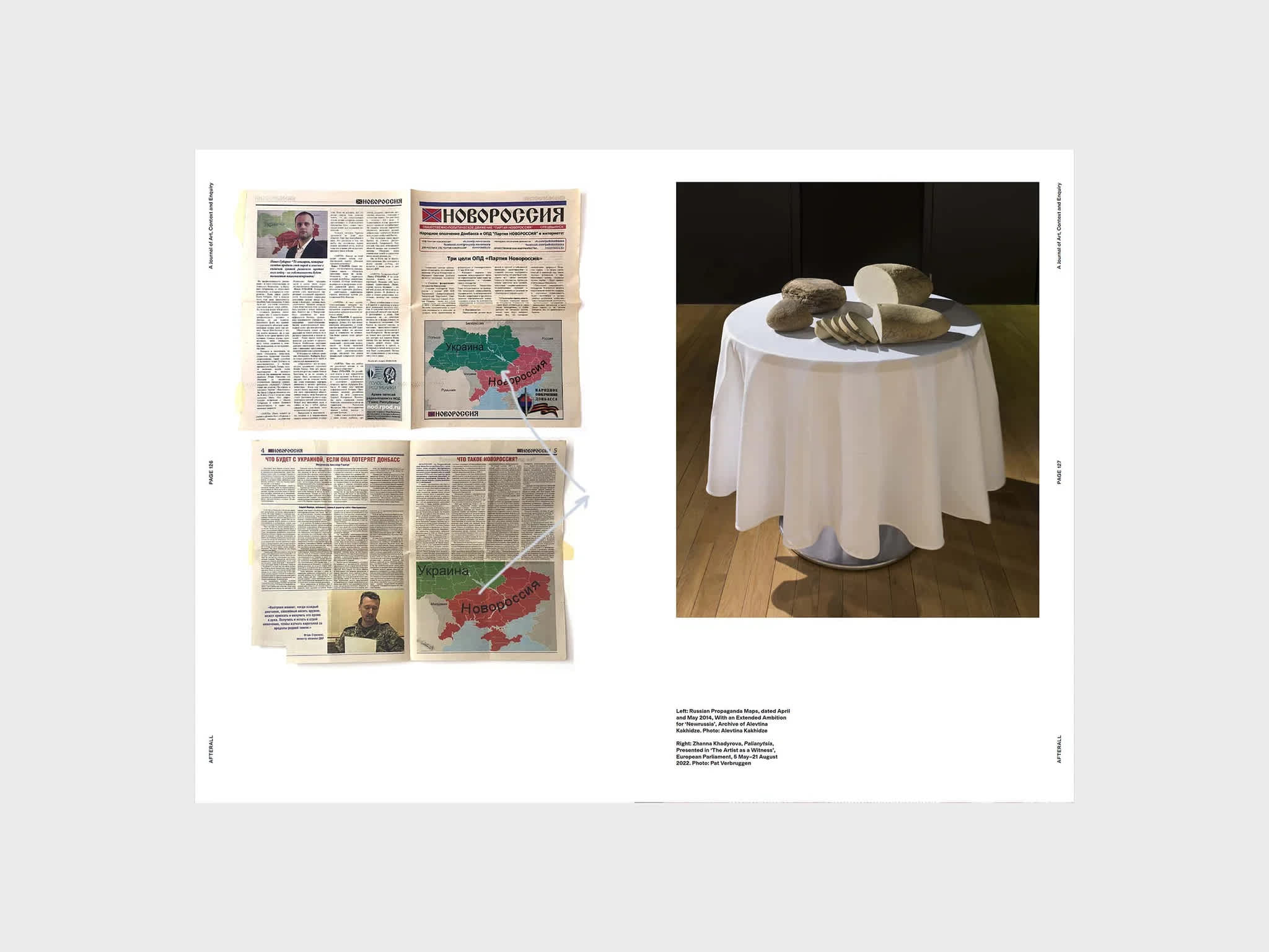 Centerfold of a magazine. Color images sit on the left and right pages. Image credits are placed in the bottom left corner of the right page.