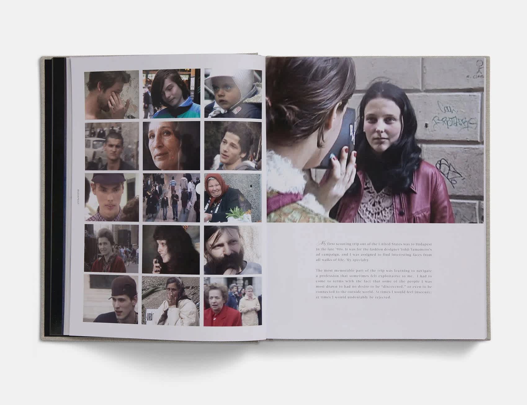 Book interior in which the left page features a grid of fifteen images of different people. The right page is filled 2/3 by an image of a woman having her photograph taken. Beneath this image is text. 