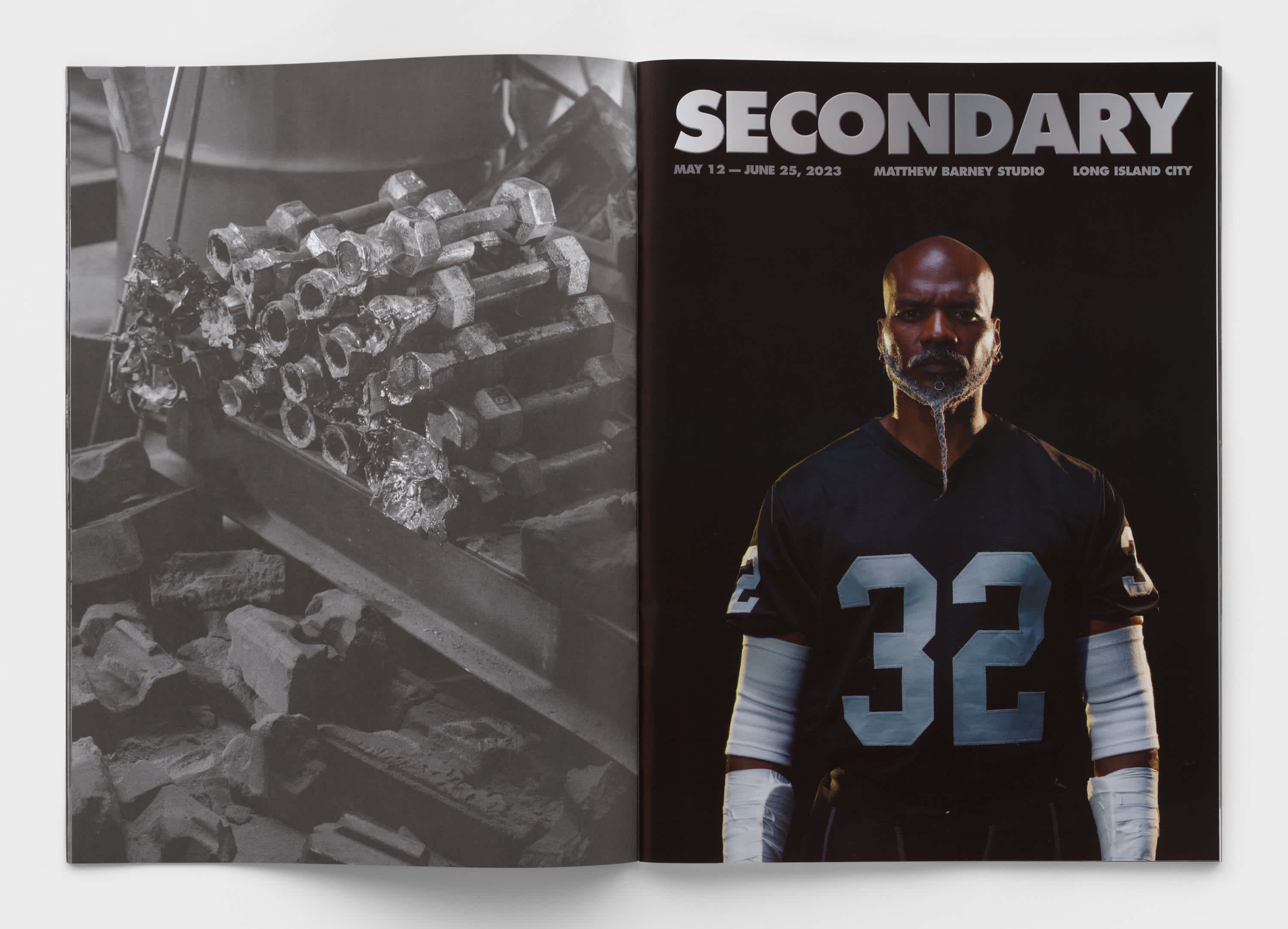 Open book with two distinct pages. The left page features a black and white photograph of deteriorating dumbbells. The right page has the title, "Secondary" at the top, and a stern football player wearing his jersey faces out.