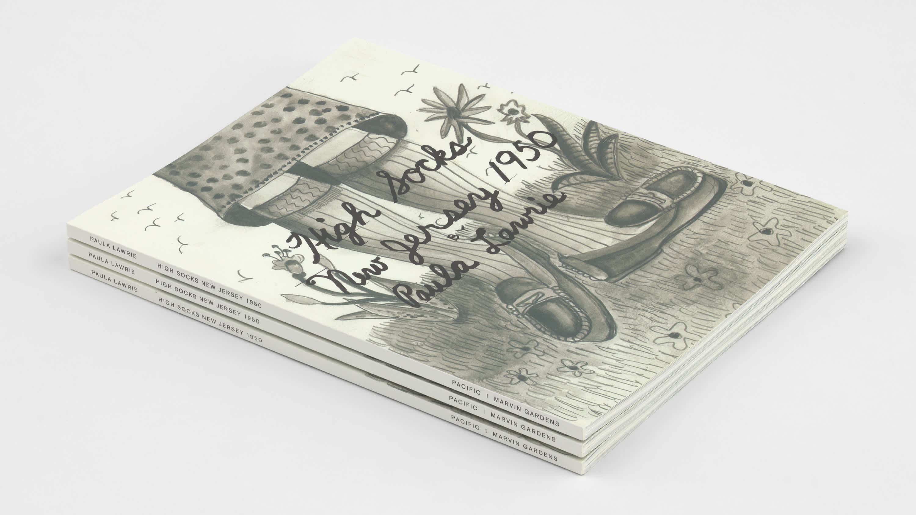 Stack of three identical books. The spines are visible as well as the front cover which is an ink drawing of person's feet in socks and loafers. They stand on grass. There are flowers, sky and birds in the background.