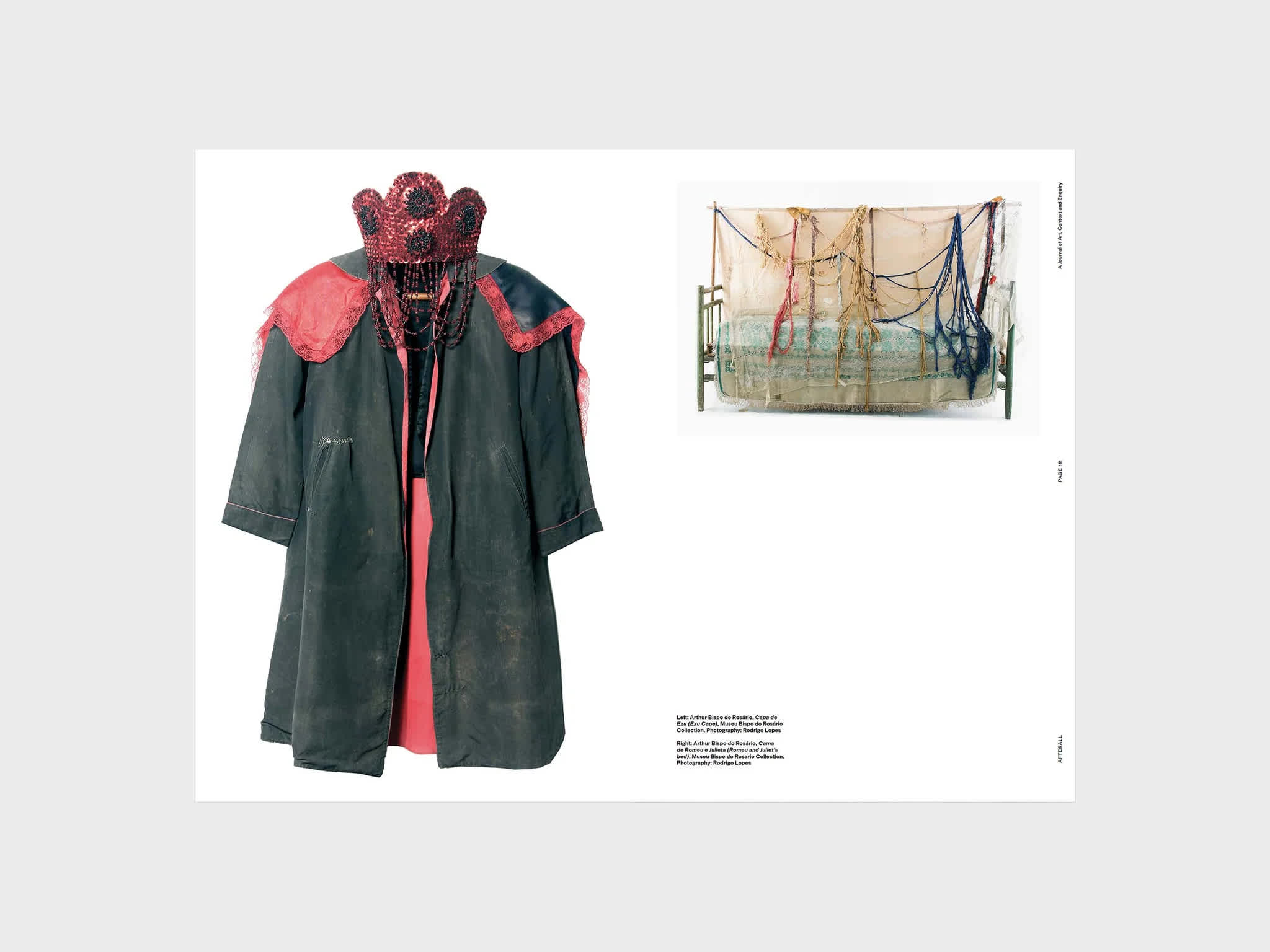Magazine interior. The left page features a green and red cape. The right page features an image of a sculpture in the top third. Image credits sit in the bottom left corner of the page.