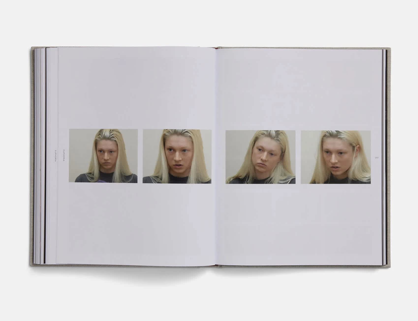 Book interior with four images of the actress Hunter Schafer spread across two pages. The images are still from a screen test.