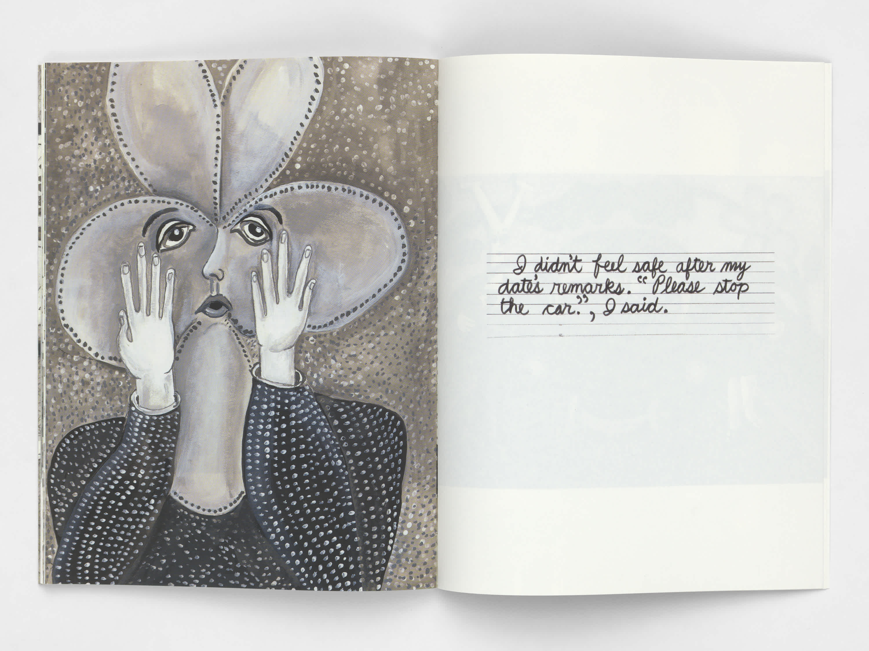 Open book with an ink drawing of a half person, half flower holding its hands up to its face on the left page, and three lines of handwritten script on the right page.