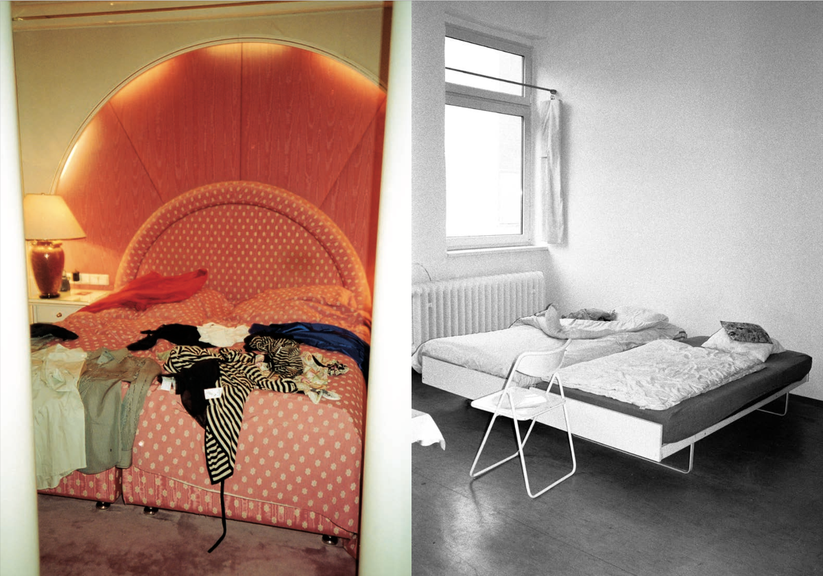 Side-by-side photos: left, a colorful, cozy bedroom with a patterned bed and clothes scattered on it; right, a minimalist, monochrome room with a simple bed, thin bedding, and two chairs.