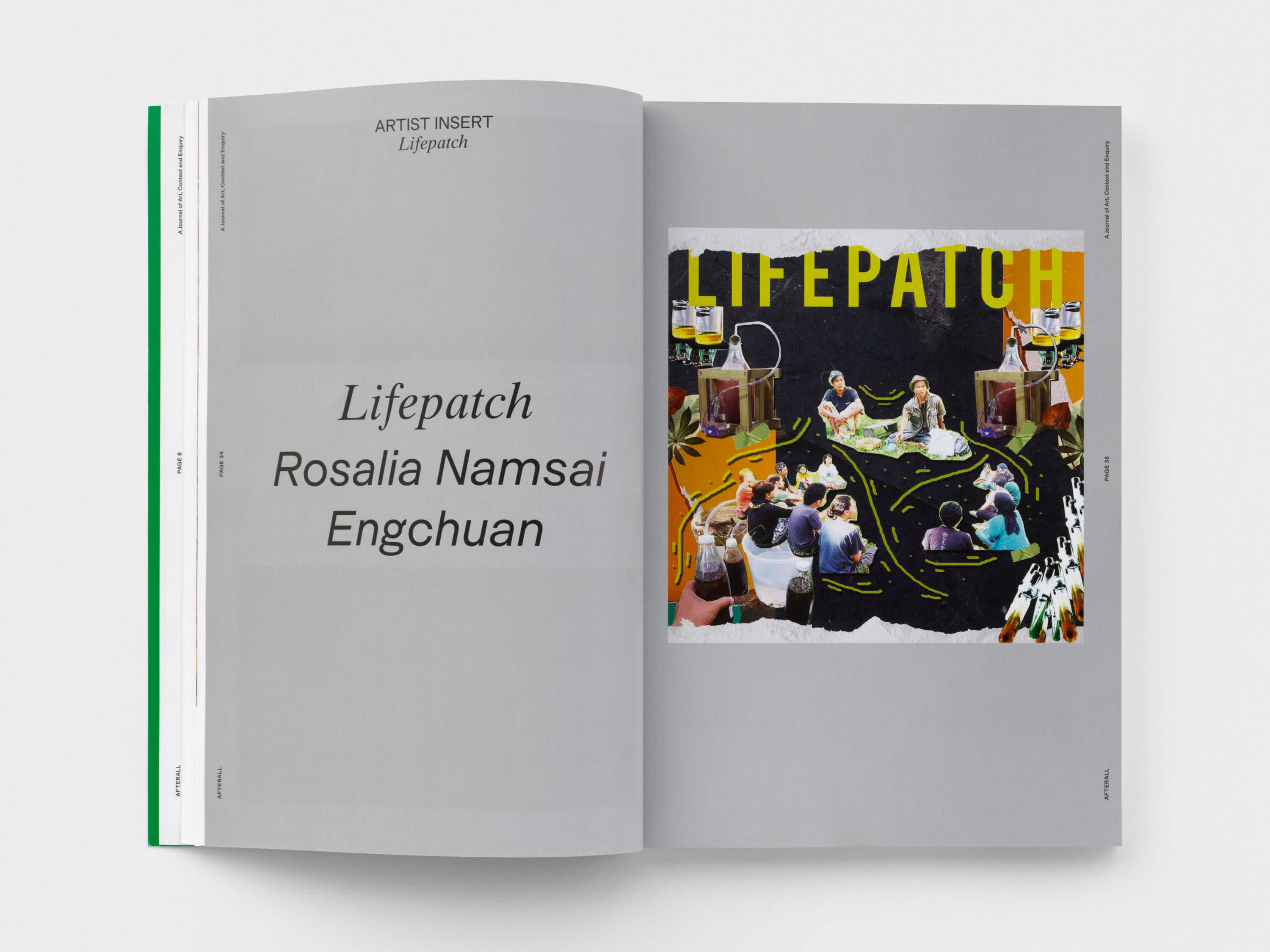 Magazine interior with a section title on the left page and a collage artwork on the right page.