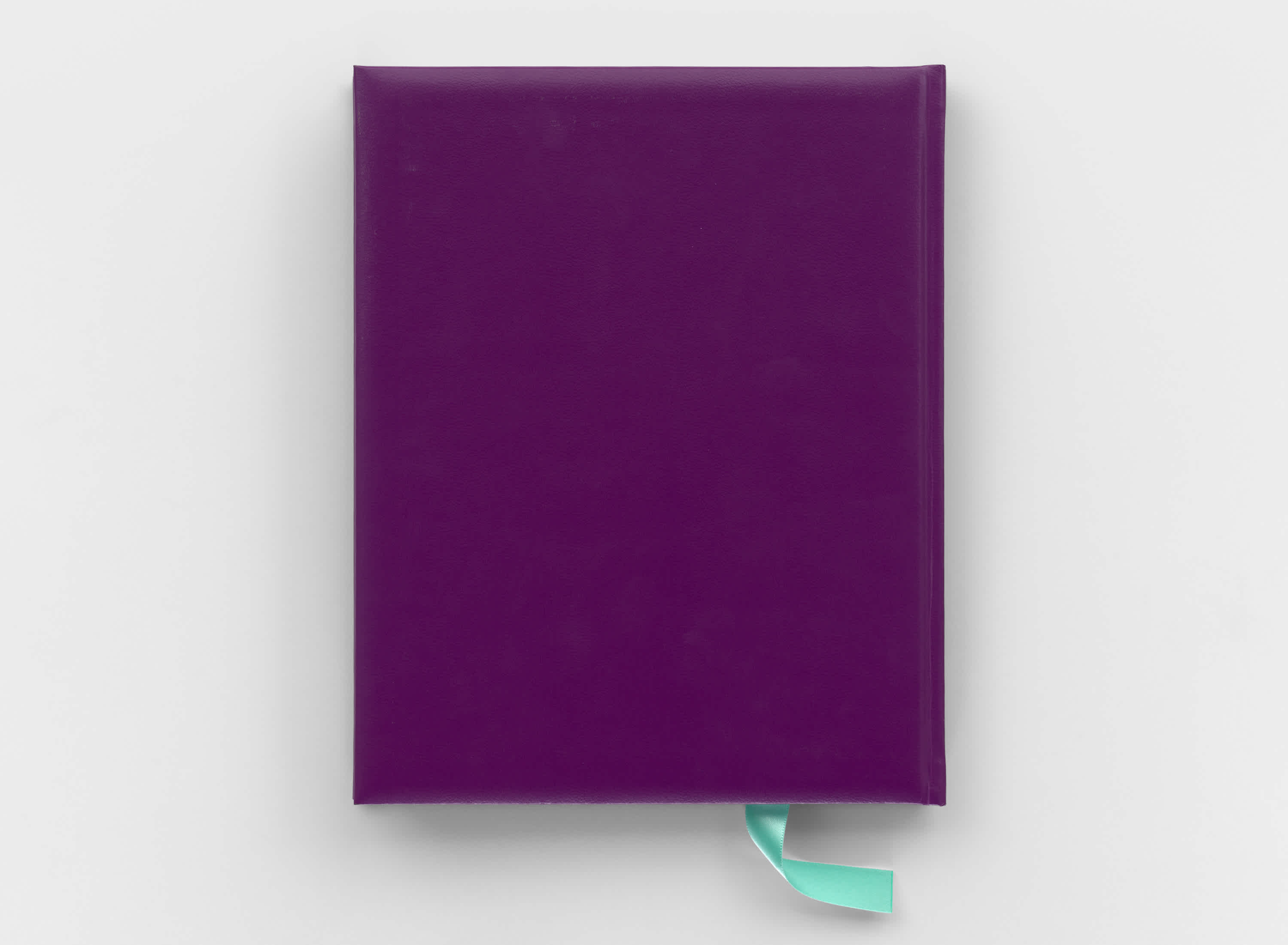 A purple book lays flat on a white background. Only the back cover and light blue ribbon bookmark is visible.