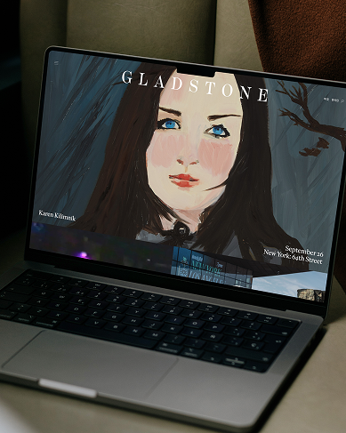 Computer opened to Gladstone Gallery website with high impact artwork landing page.