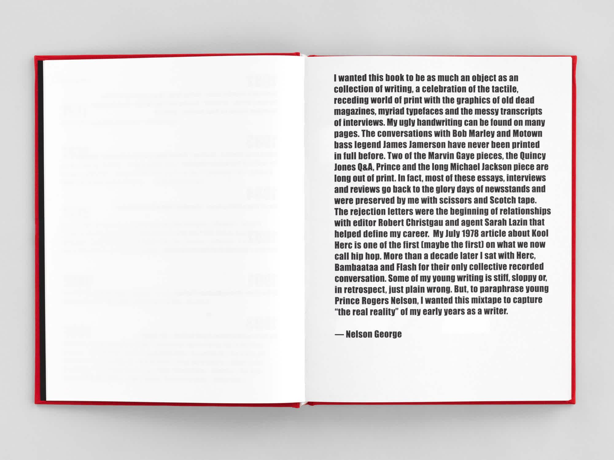 Open book with left blank page. Right page is filled with bold black text.