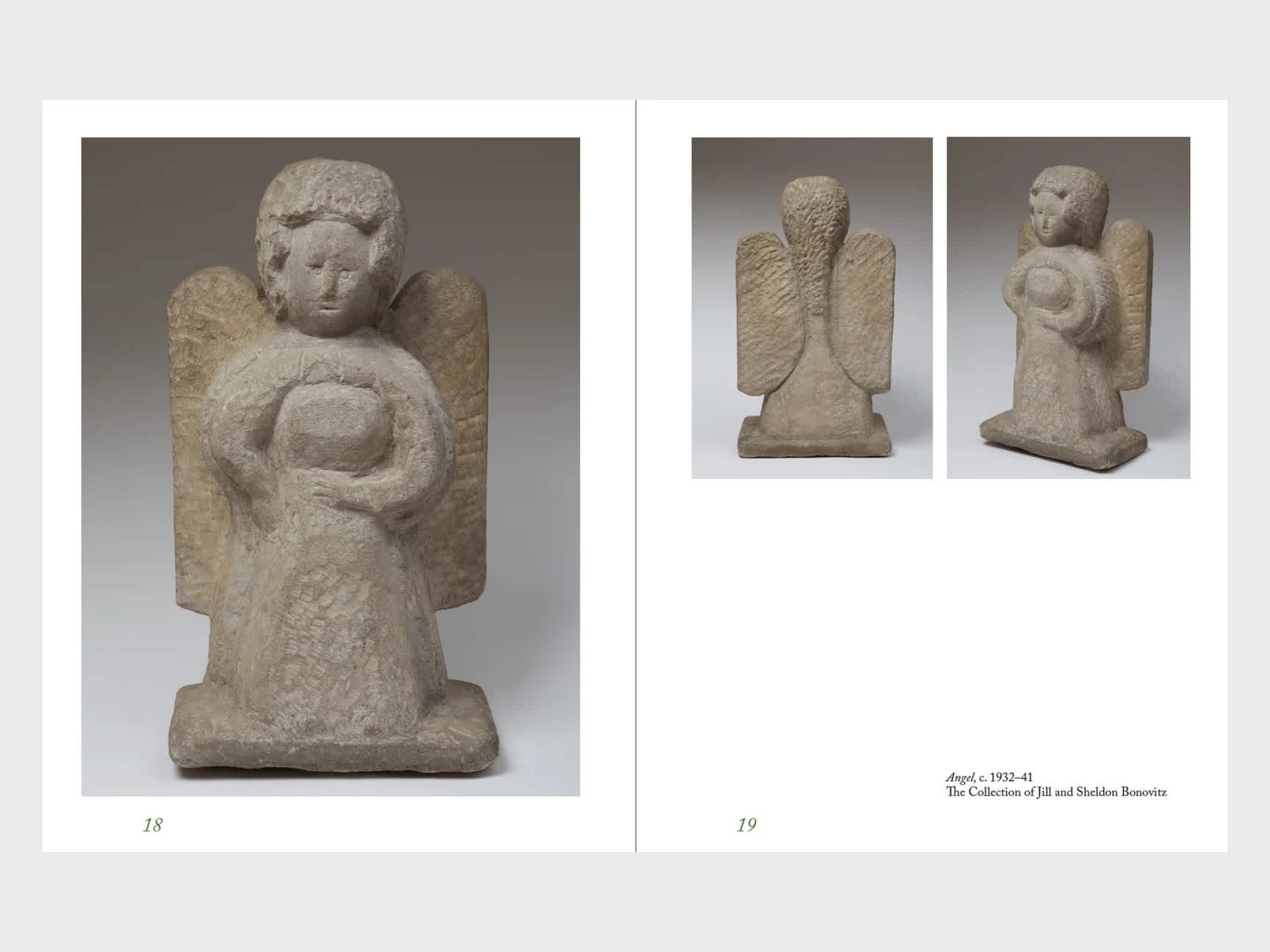 Book interior. The left page features a full page photo of one of the sculptor William Edmondon's carved angels. The second page has two half page detail images of the same angel sculpture. 