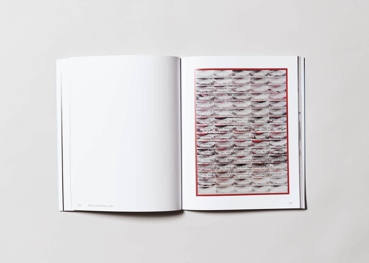 Book interior. The left page is blank, the right page has a black and red artwork by the artist Mary Kelly.
