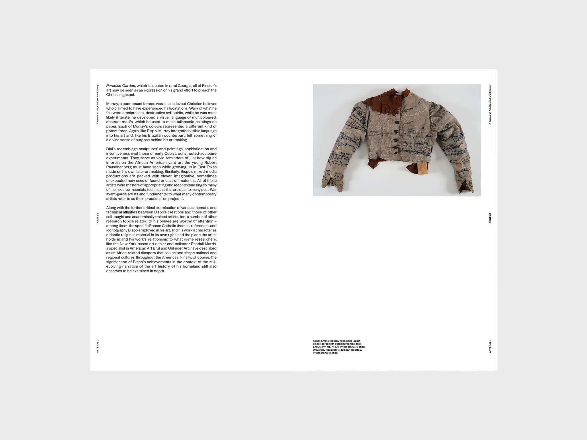 Magazine interior with text on the left page and a photograph of a sweater on the top of the right page.