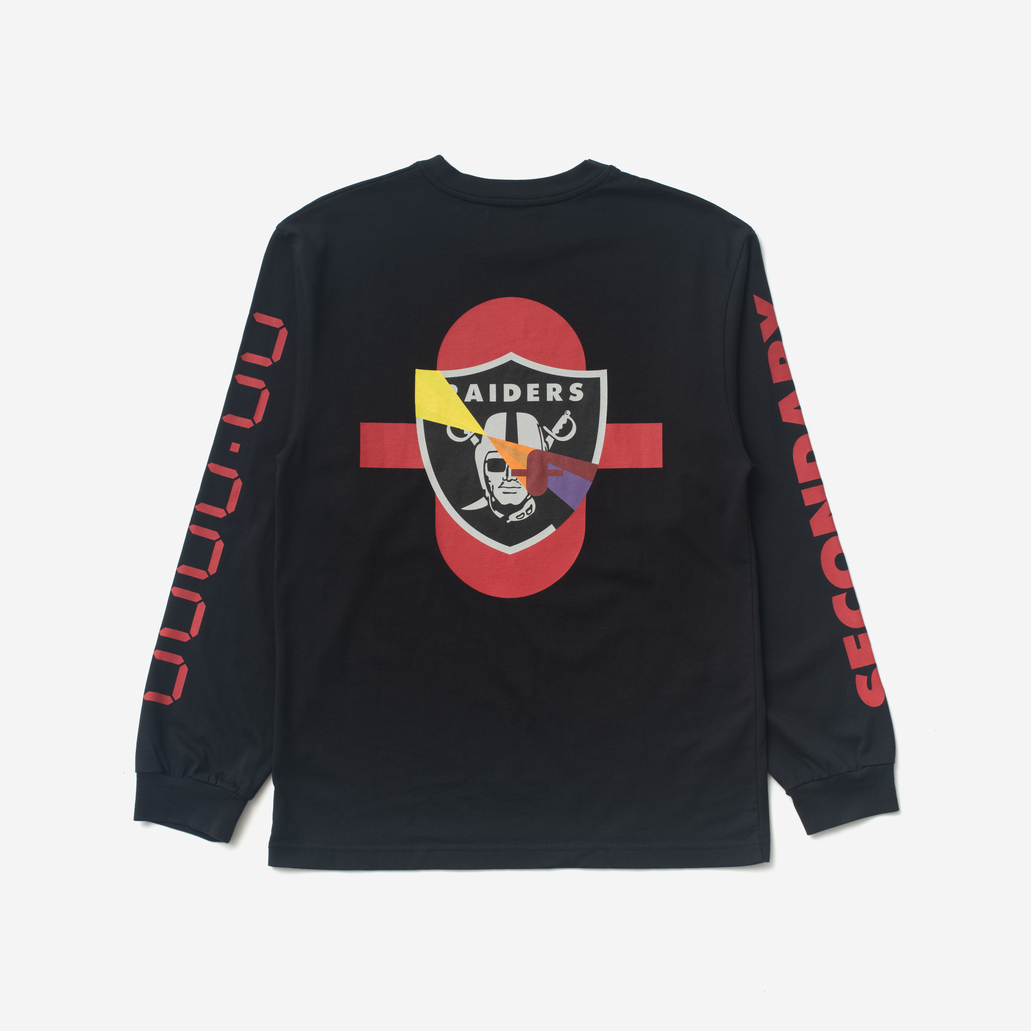 Image of a black long sleeve t-shirt on a grey background. 