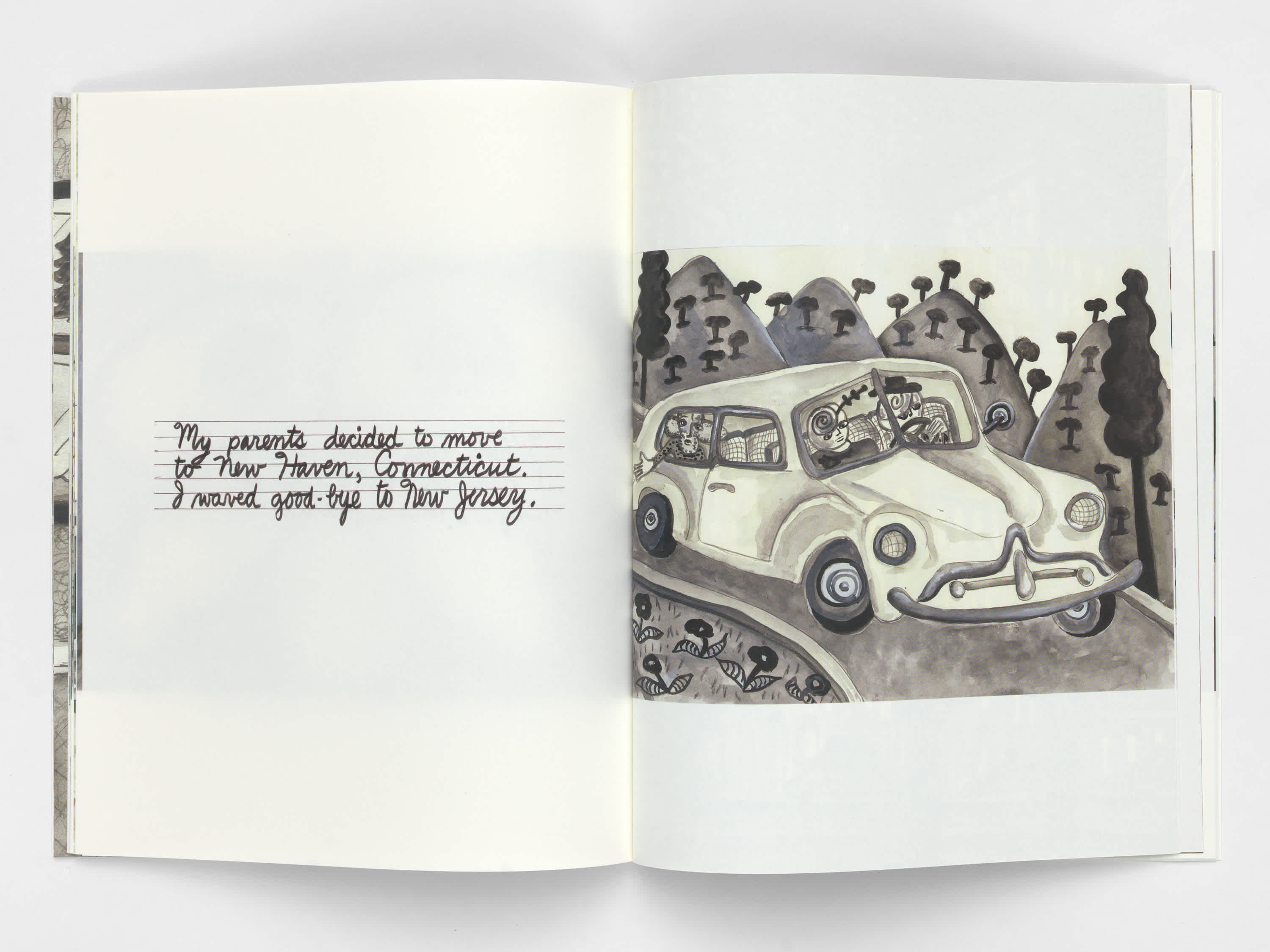 Open book with three lines of handwritten script on the left page and an ink drawing of a car driving through a forest on the right page.