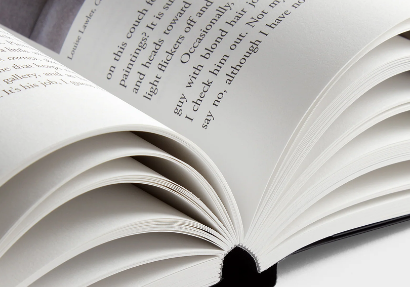 Stylish book, open with serif text. Minimalism aesthetic.