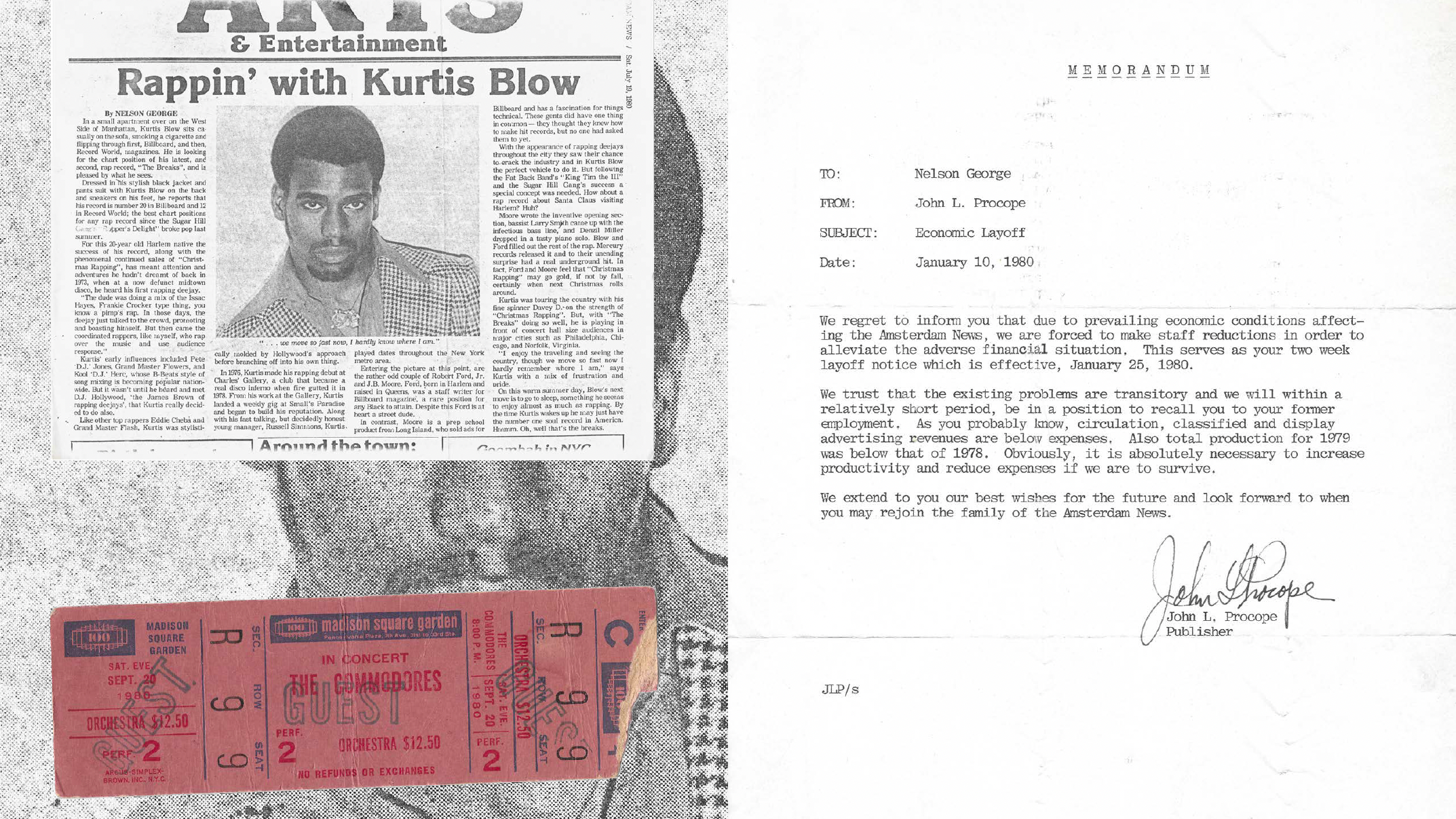 Left side of the image is a collage of a newspaper clipping and concert ticket, laid over a portrait. The right side of the image is a letter typewritten letter and signed in the bottom right corner. 