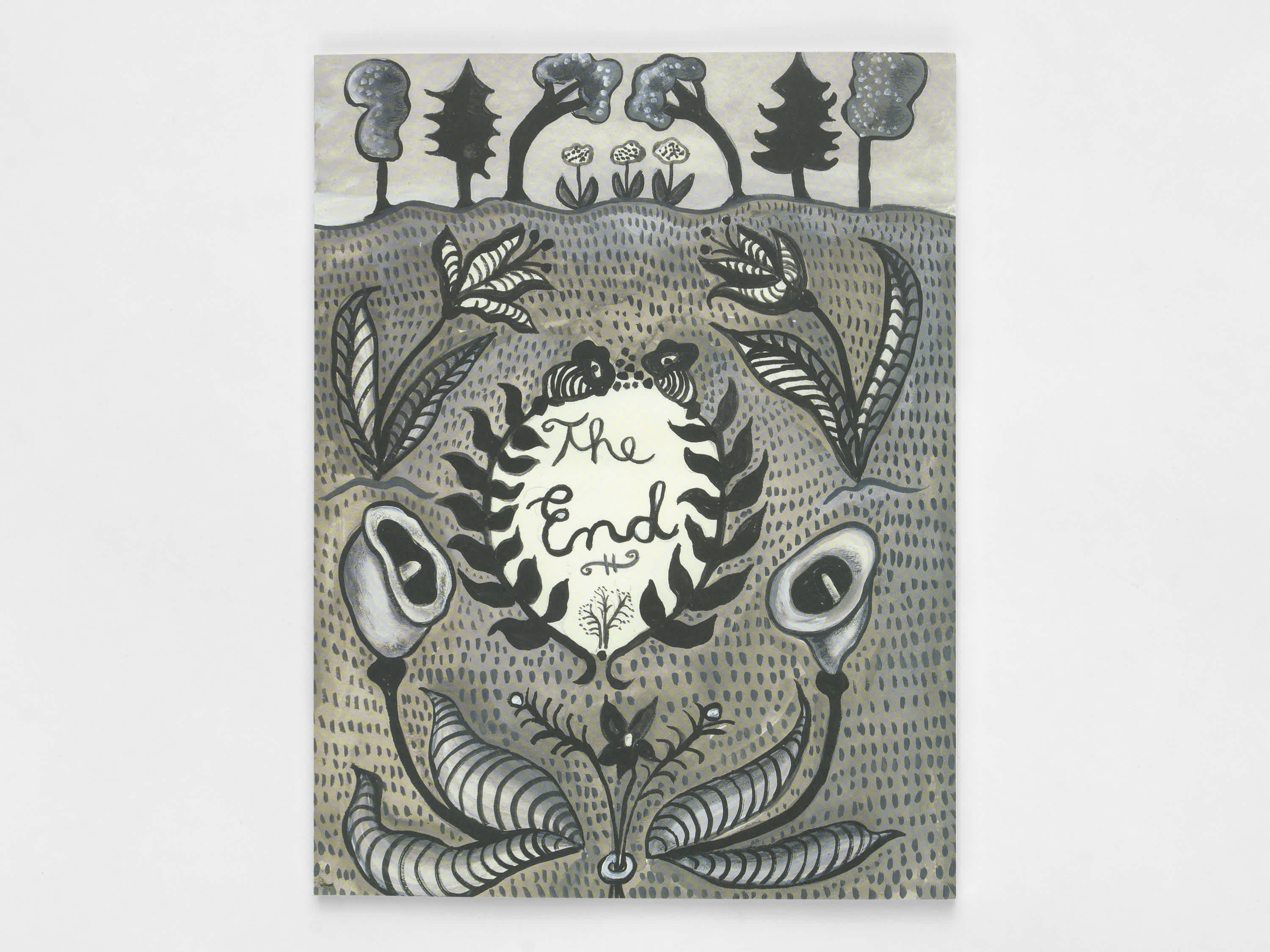 Ink drawing that reads "The End" surrounded by flowers on the back cover of a book.