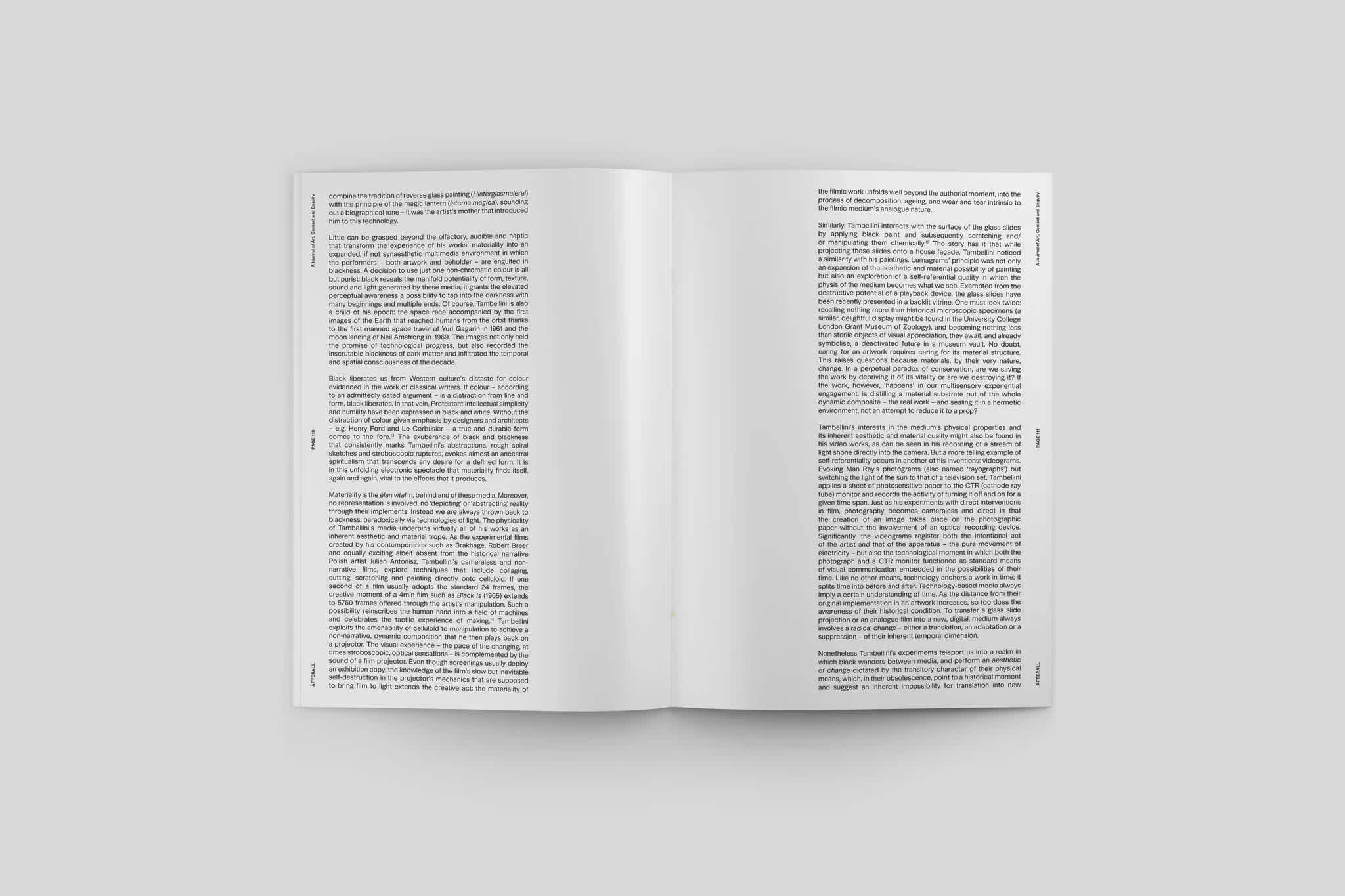 Magazine interior with text on the left and right pages. The text is aligned to the outside edges of the pages.
