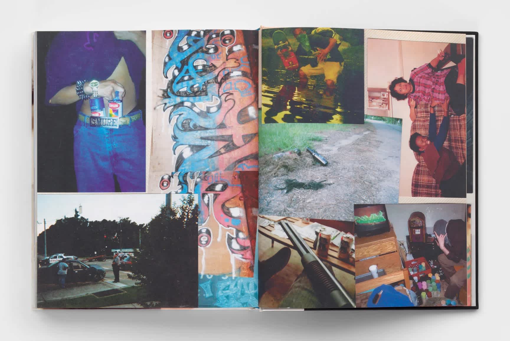 Book interior which features a collage of various images depicting graffiti, graffiti painting and house interiors and young kids partying.