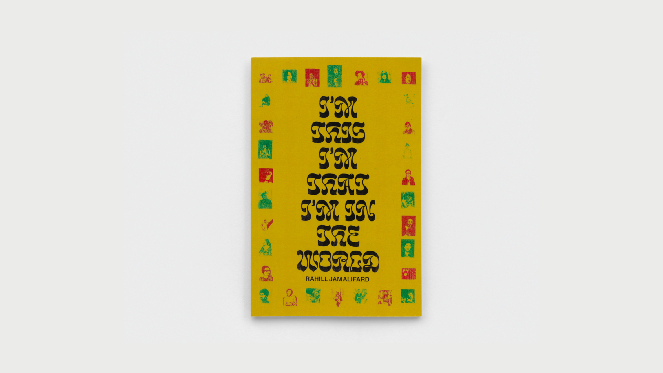 Yellow book cover with alternating red and green images of people's faces creating a border around a black stylized title. 