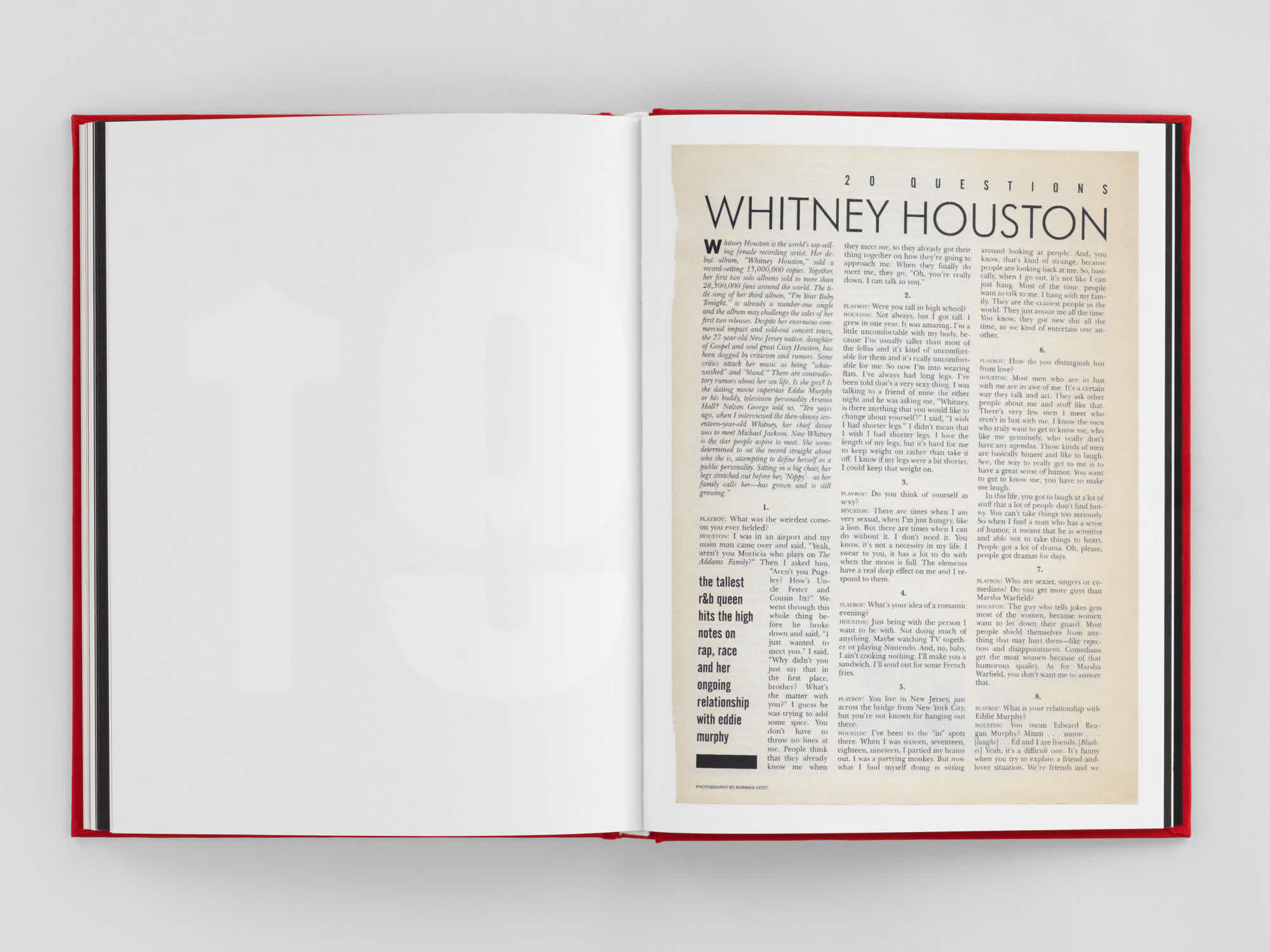 Open book with blank left page. Yellowed newspaper article about 'Whitney Houston' occupies the right.