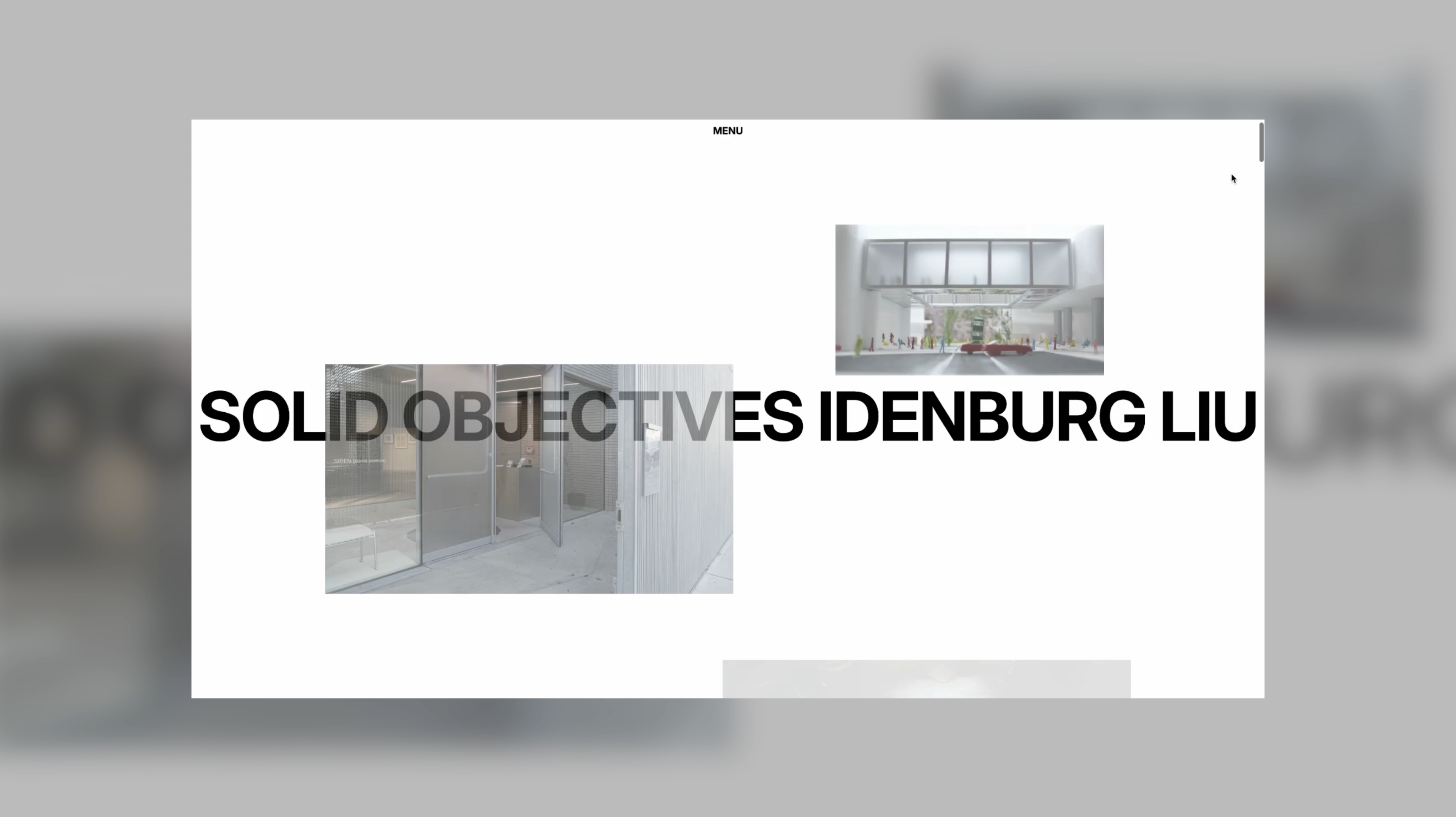 Minimalist website homepage with black text reading SOLID OBJECTIVES IDENBURG LIU overlaid on a white background, featuring two architectural images—one of a glass entrance, and one of an interior room.