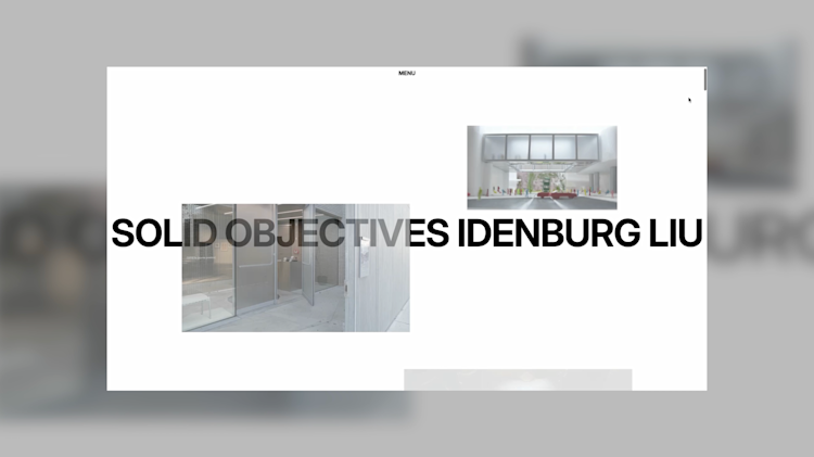 Minimalist website homepage with black text reading SOLID OBJECTIVES IDENBURG LIU overlaid on a white background, featuring two architectural images—one of a glass entrance, and one of an interior room.