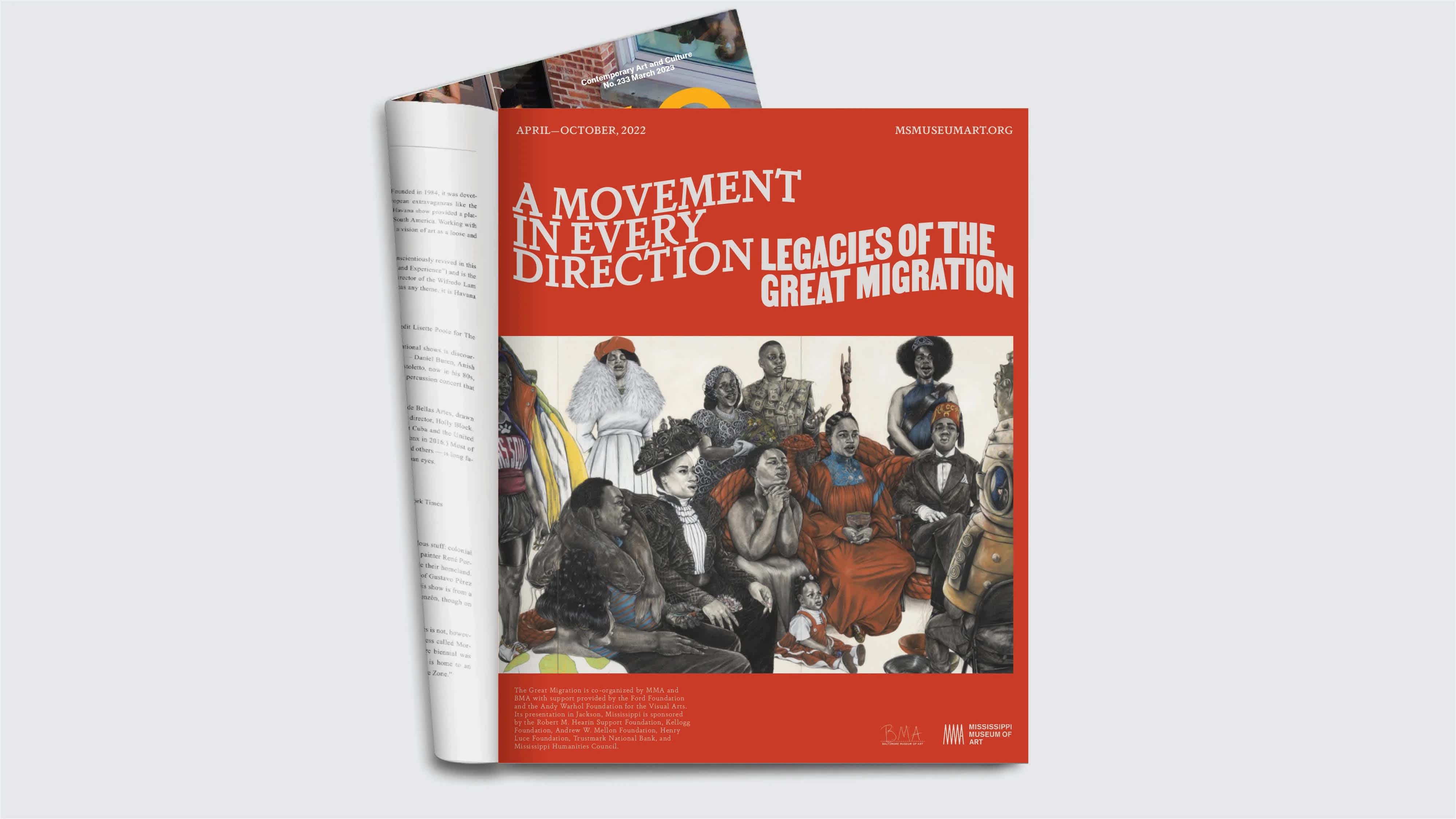 An open magazine with the front cover folded over on itself. The visible page shows an advertisement for an art exhibition. The advertisement has a bright red background and undulating white text at the top. Below the text is an artwork from the exhibition.