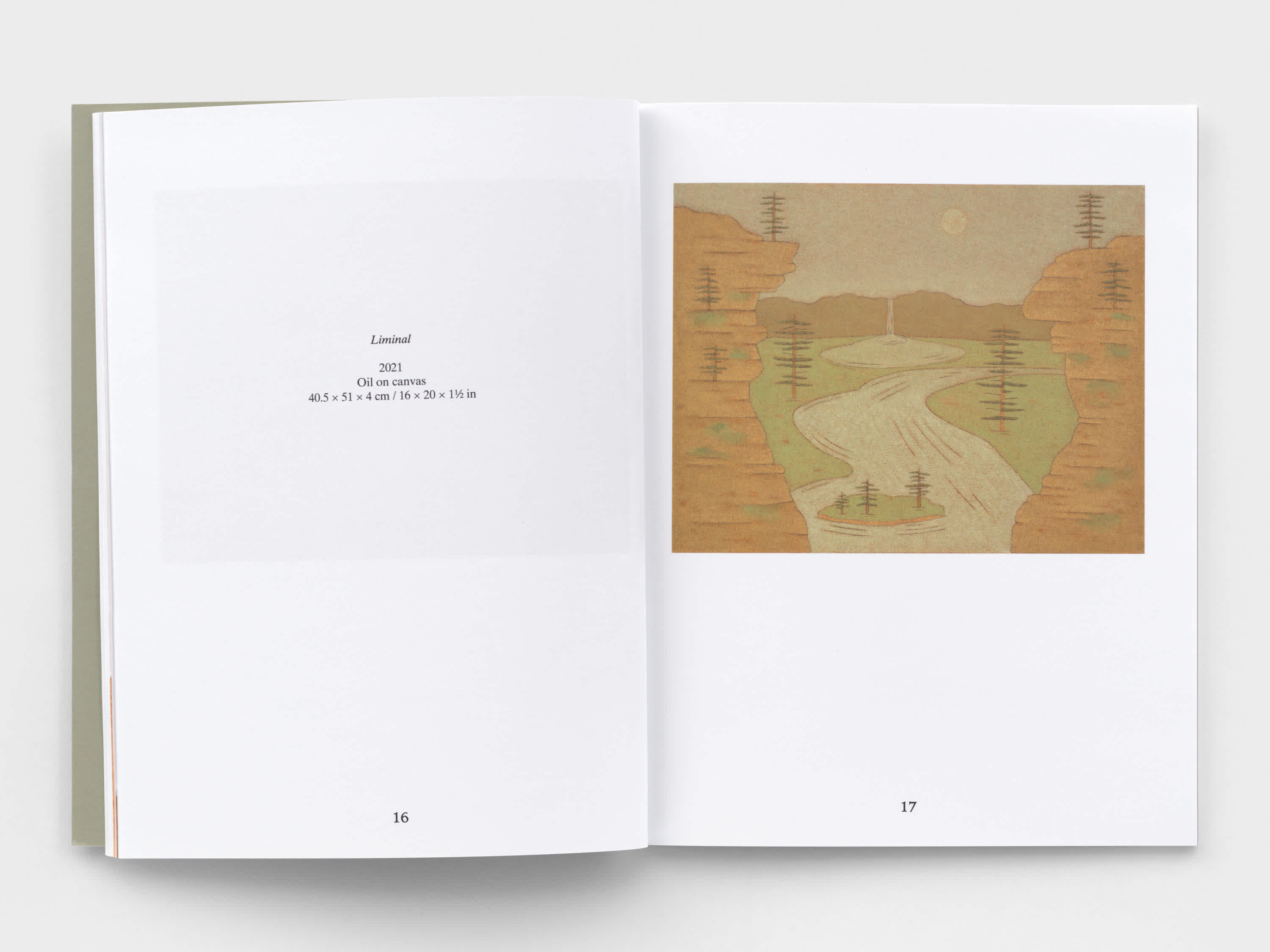 Open book with a half-page painting on the right page. The artwork information is on the left page.