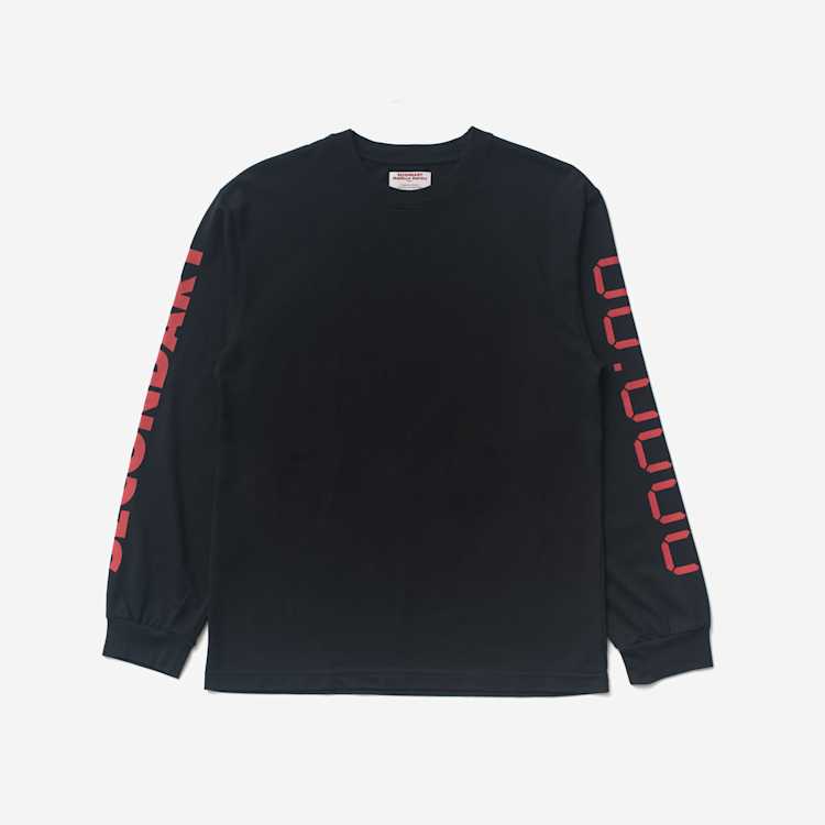 Image of a black long sleeve t-shirt on a grey background.