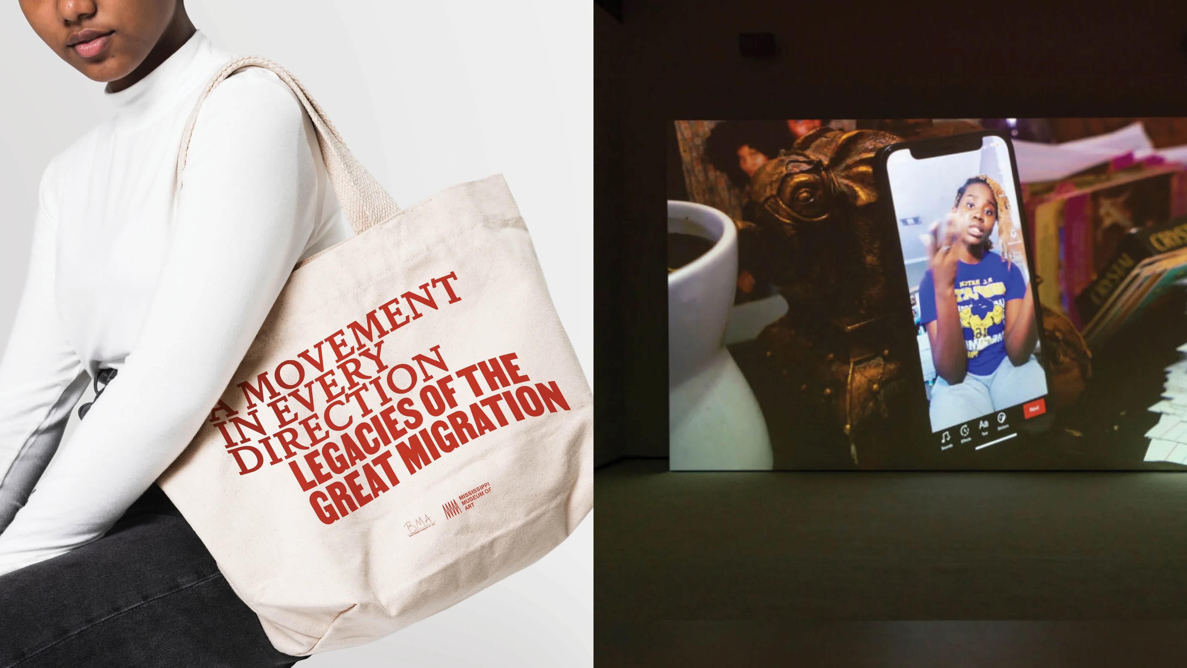 Split image. The left side shows a tote bag with bold red text hanging off a person's shoulder. The right side is of a video being projected onto a wall.