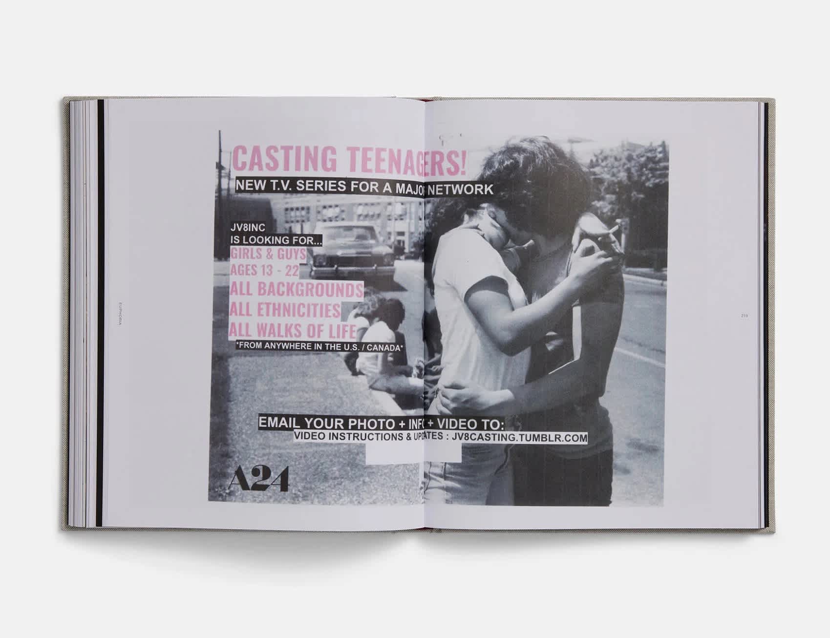 Book centerfold that features an advertisement for actors. The advertisement features a black and white photograph of a young couple kissing. The call to action is in pink letters. 