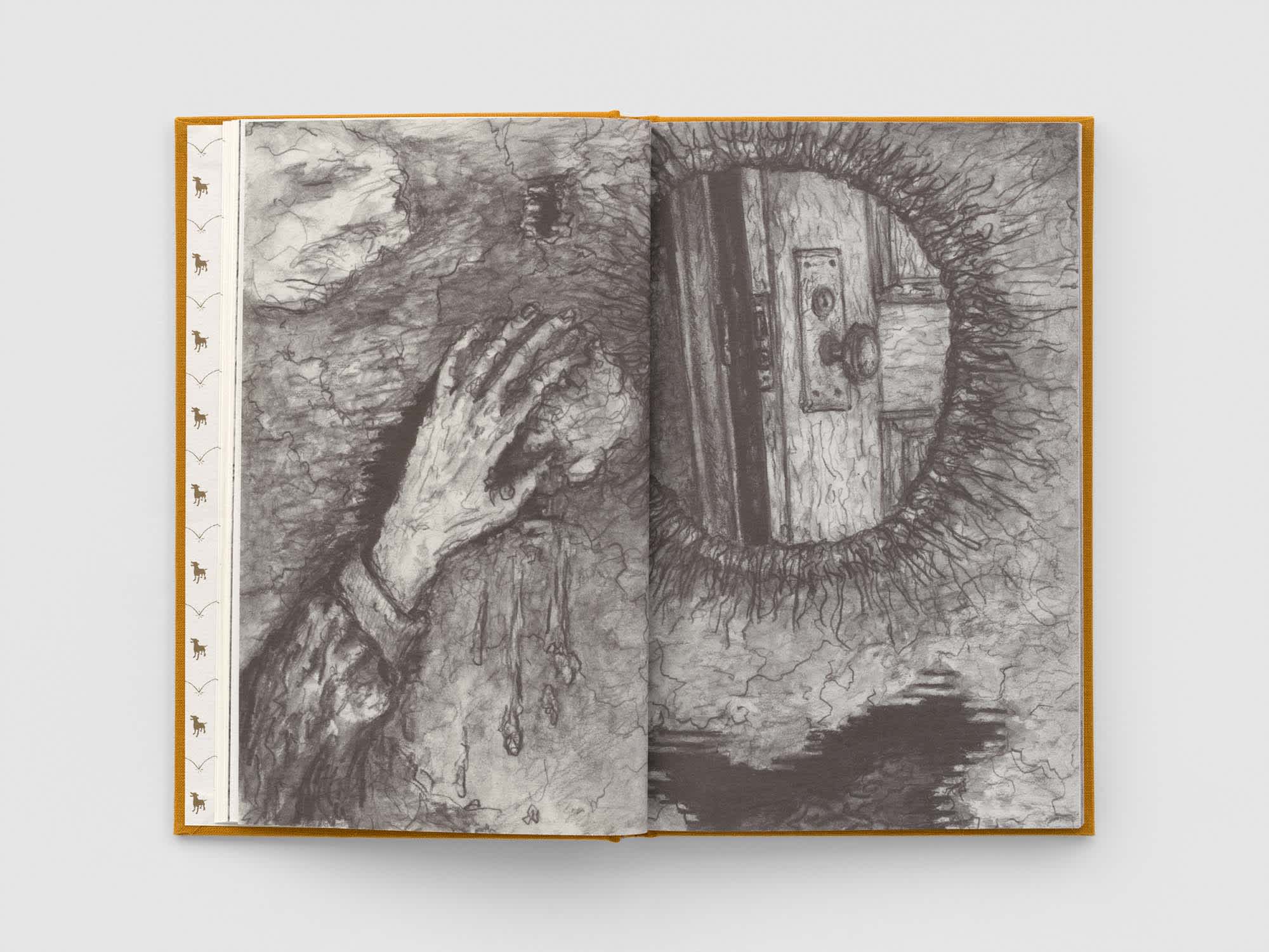 Open book with an ink drawing filling both pages.