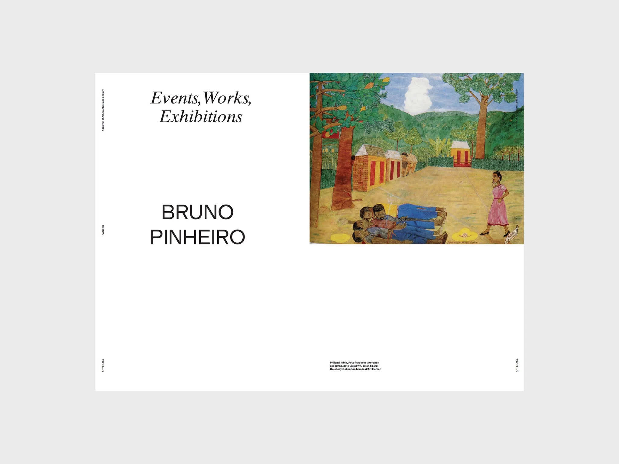 Magazine interior. The title of the section sits at the top with the author's name just below in the middle center of the page. The top half of the right page features a mostly yellow and green painting of an outdoor scene. There are people on the foreground walking around and lying on the ground.