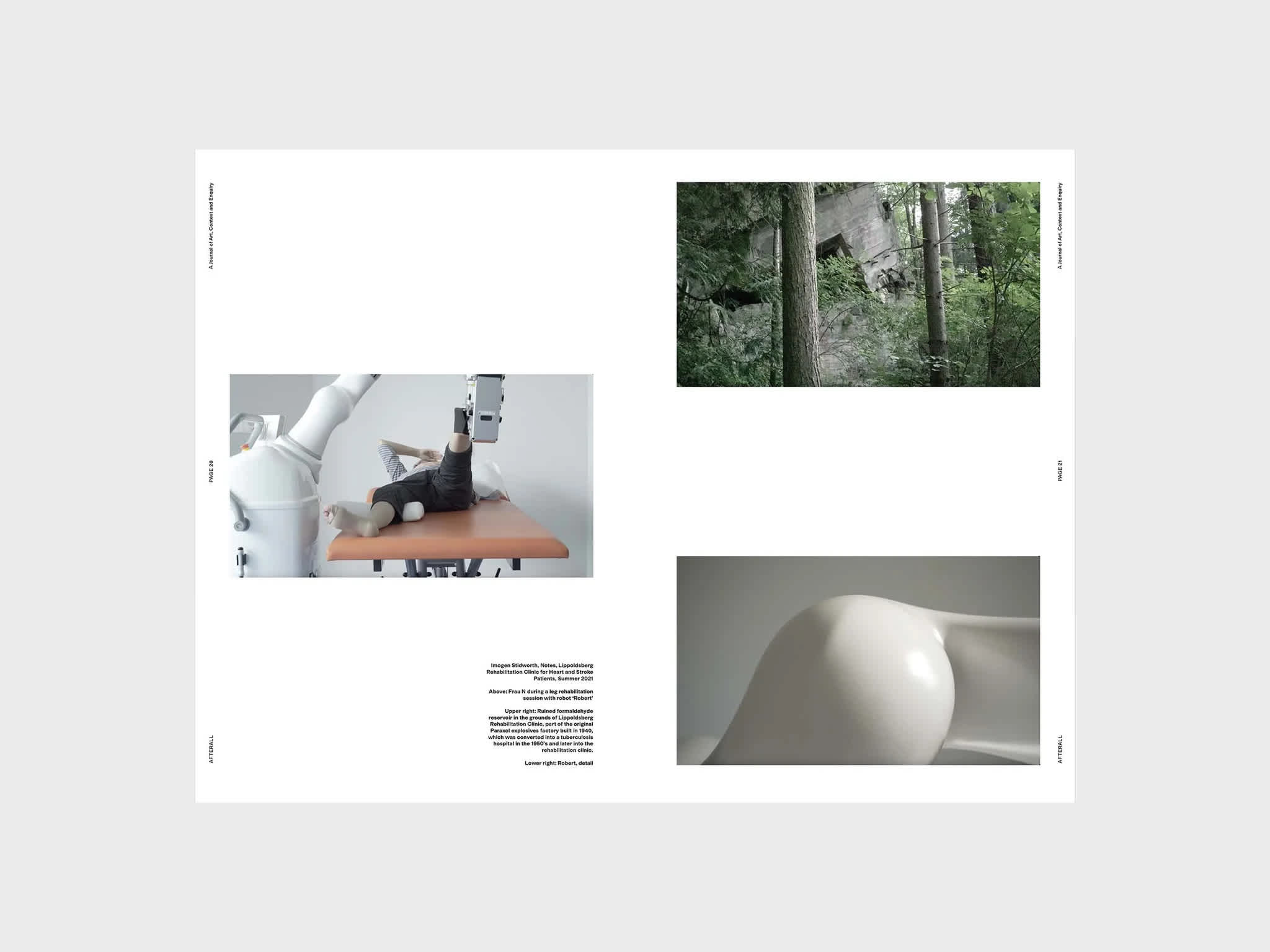 Magazine interior. A color photograph fills the center-third of the left page. Two images sit on the top and bottom of the right page.