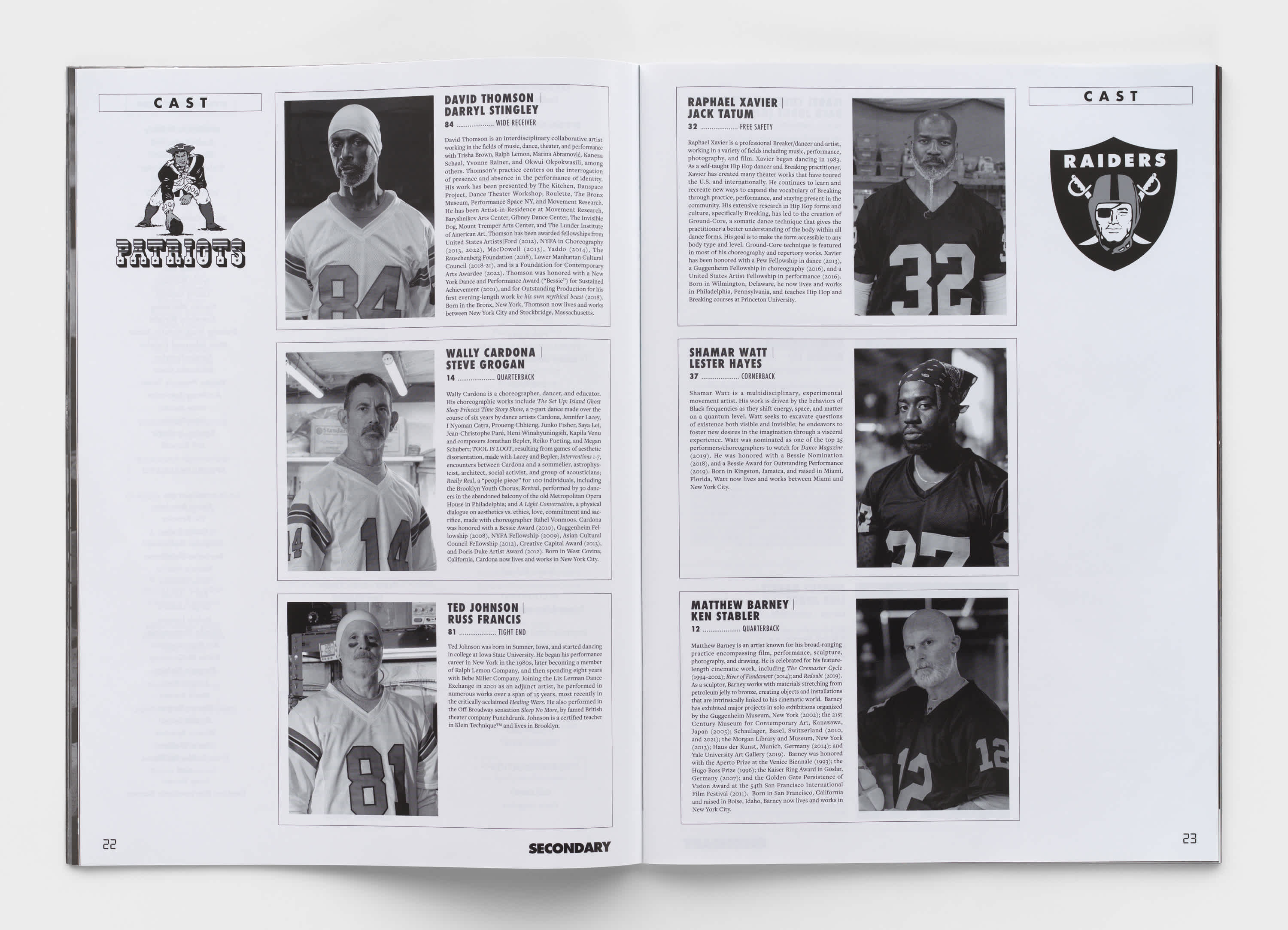 Book interior that showcases players from two opposing football teams. Each page features three players and their biographies. The left page showcases Patriots and the right page showcases Raiders.