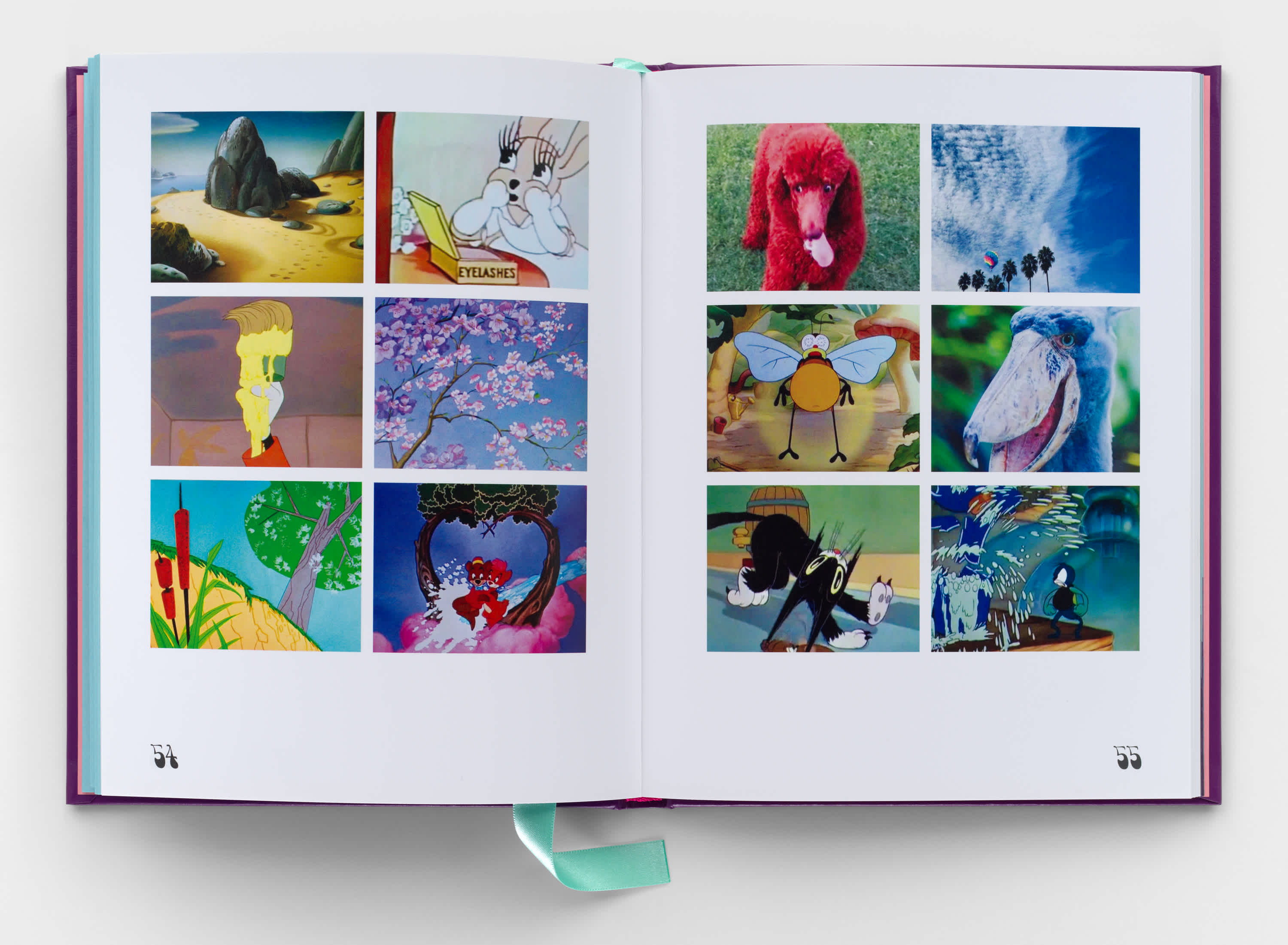 An open book with a grid of six images on each page. The images are all colorful cartoon scenes, landscapes or animals.