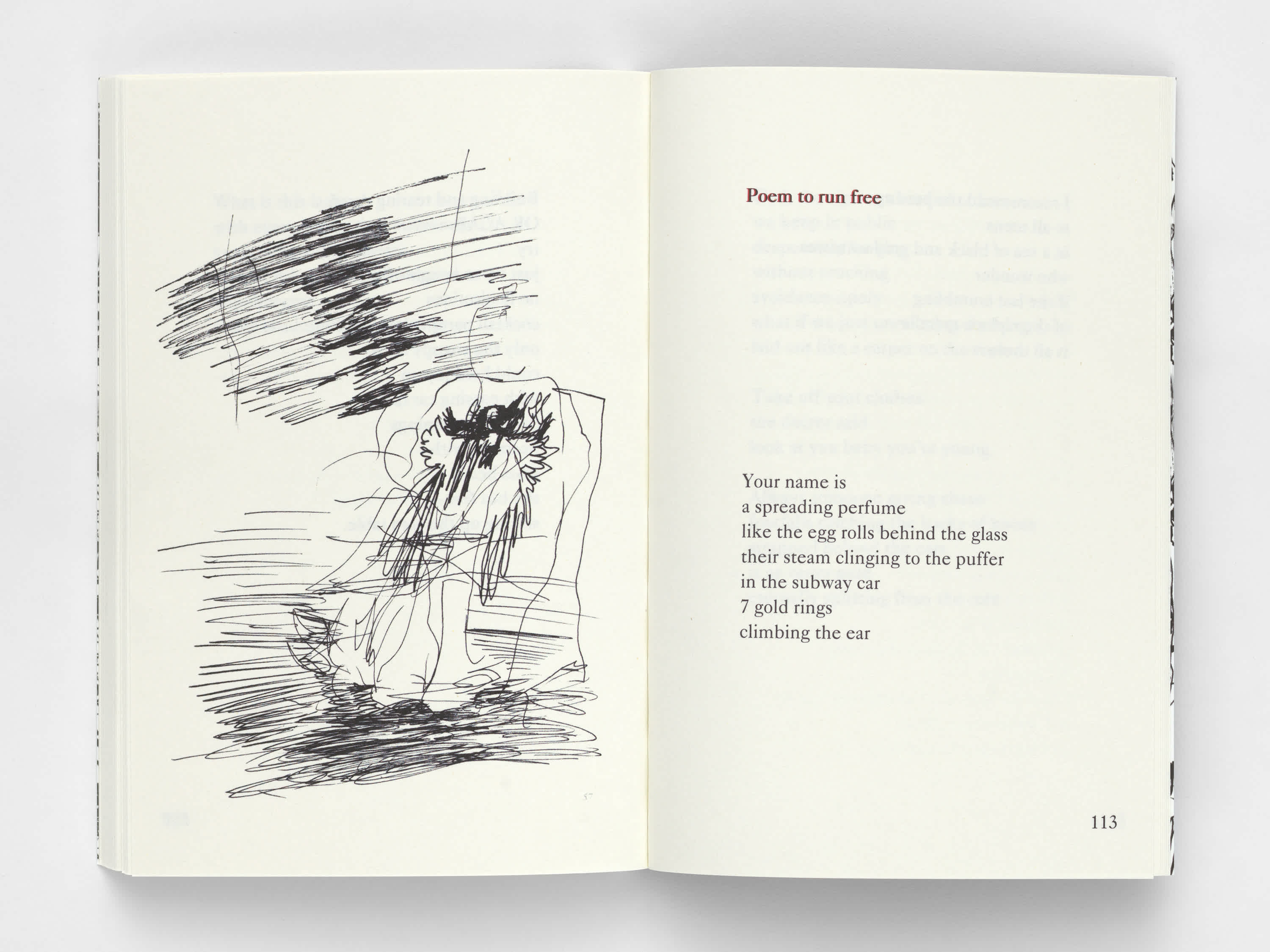 Open book with a sketch on the left page and a poem on the right.
