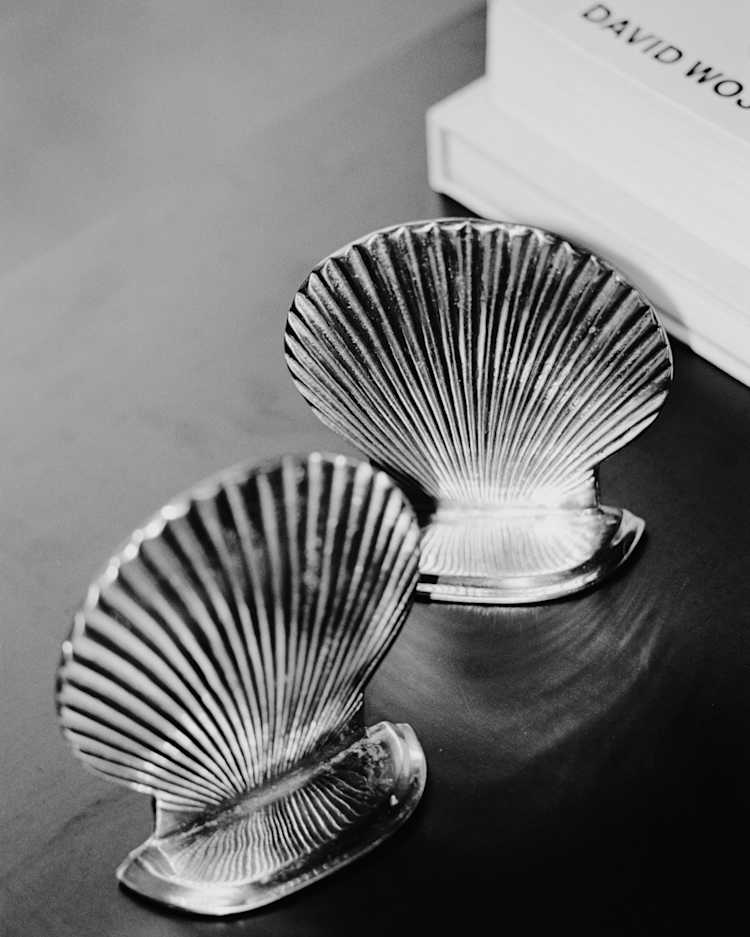 Black and white photo of two metallic shell-shaped bookends on a smooth surface, next to a stack of books with DAVID WOJ visible on the top books spine.